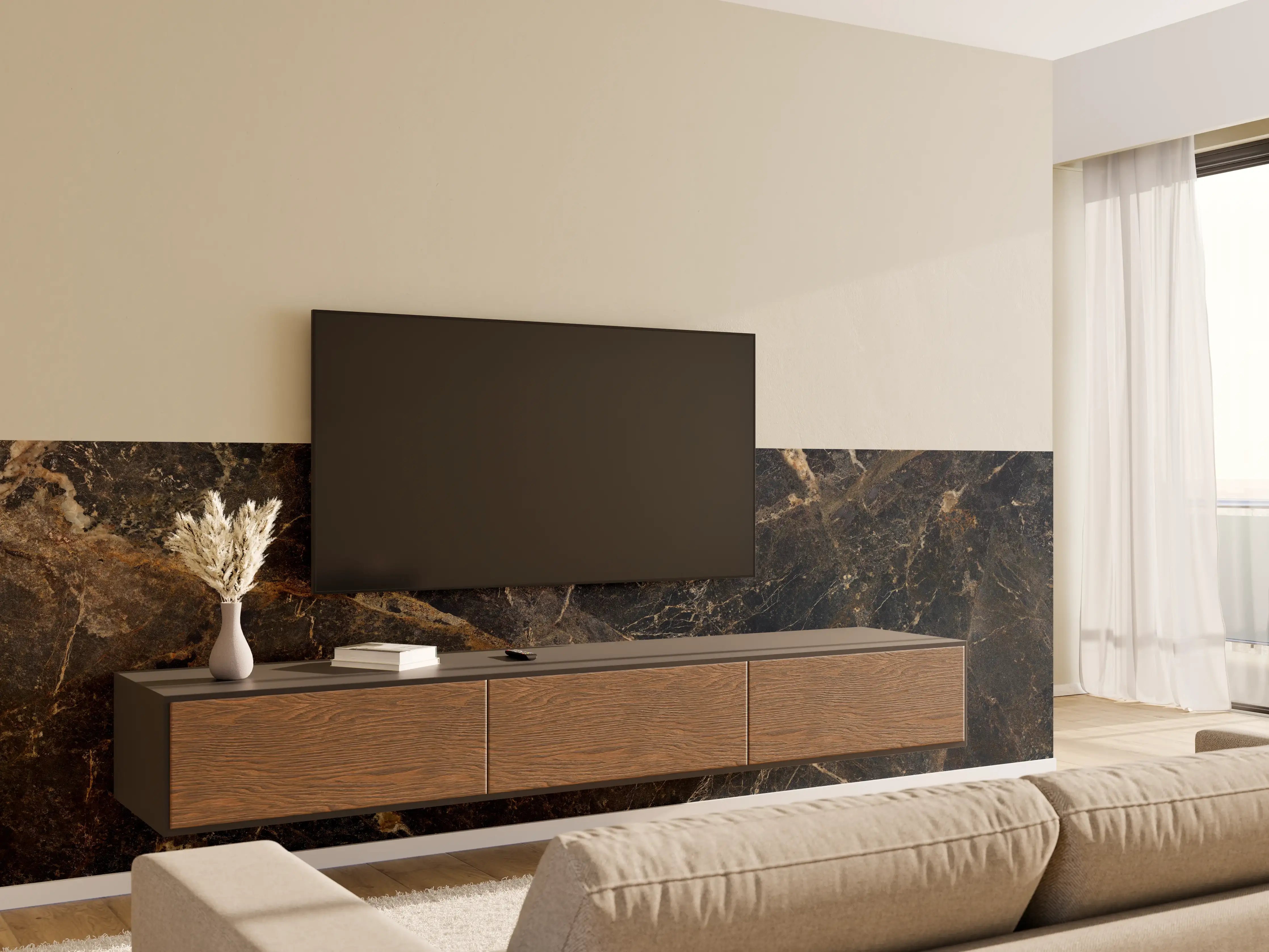 Wandverkleidung Wohnzimmer - Schwarze edle Marmortextur