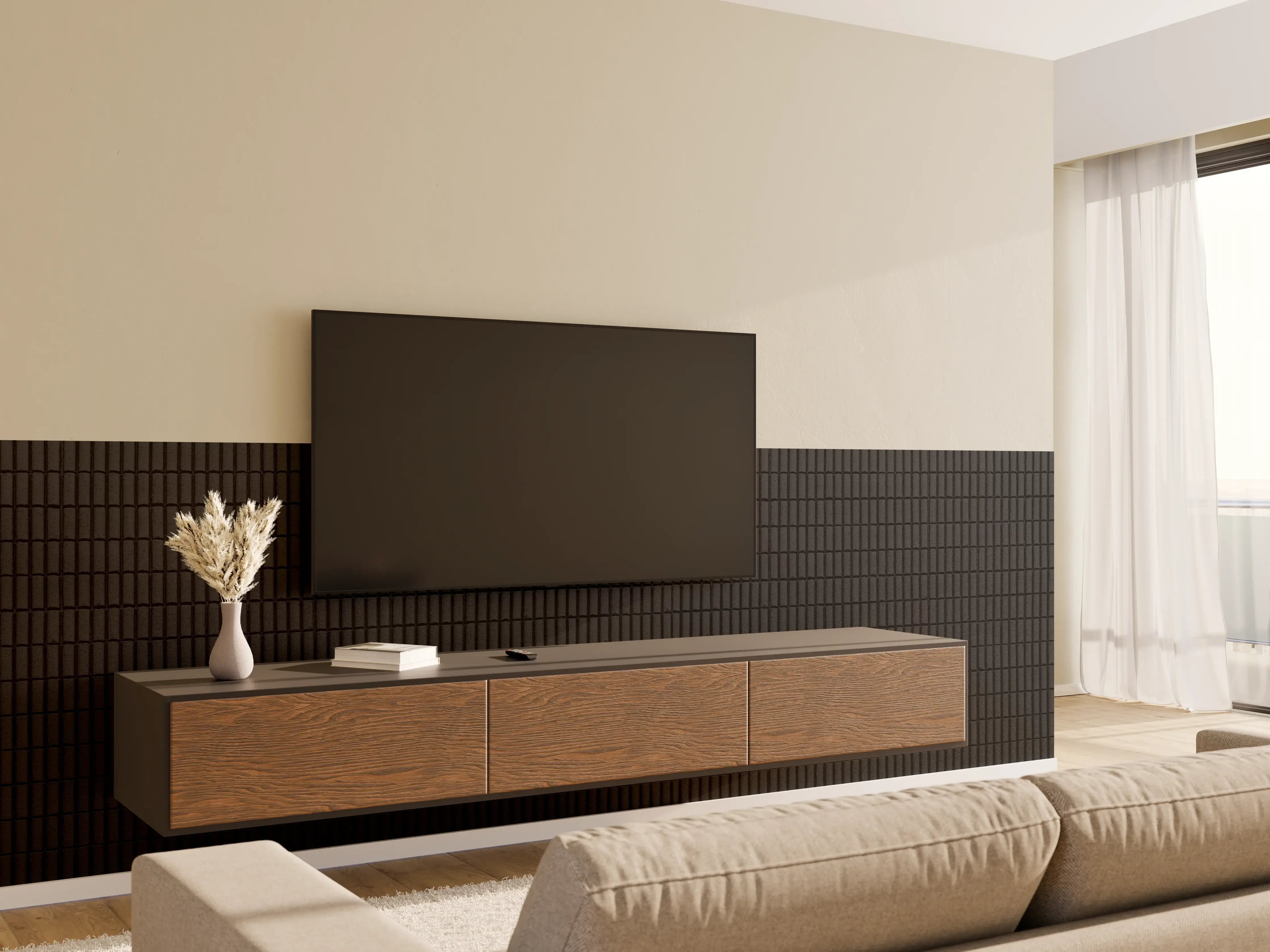 Wandverkleidung Wohnzimmer - Schwarze geometrische Ziegeln