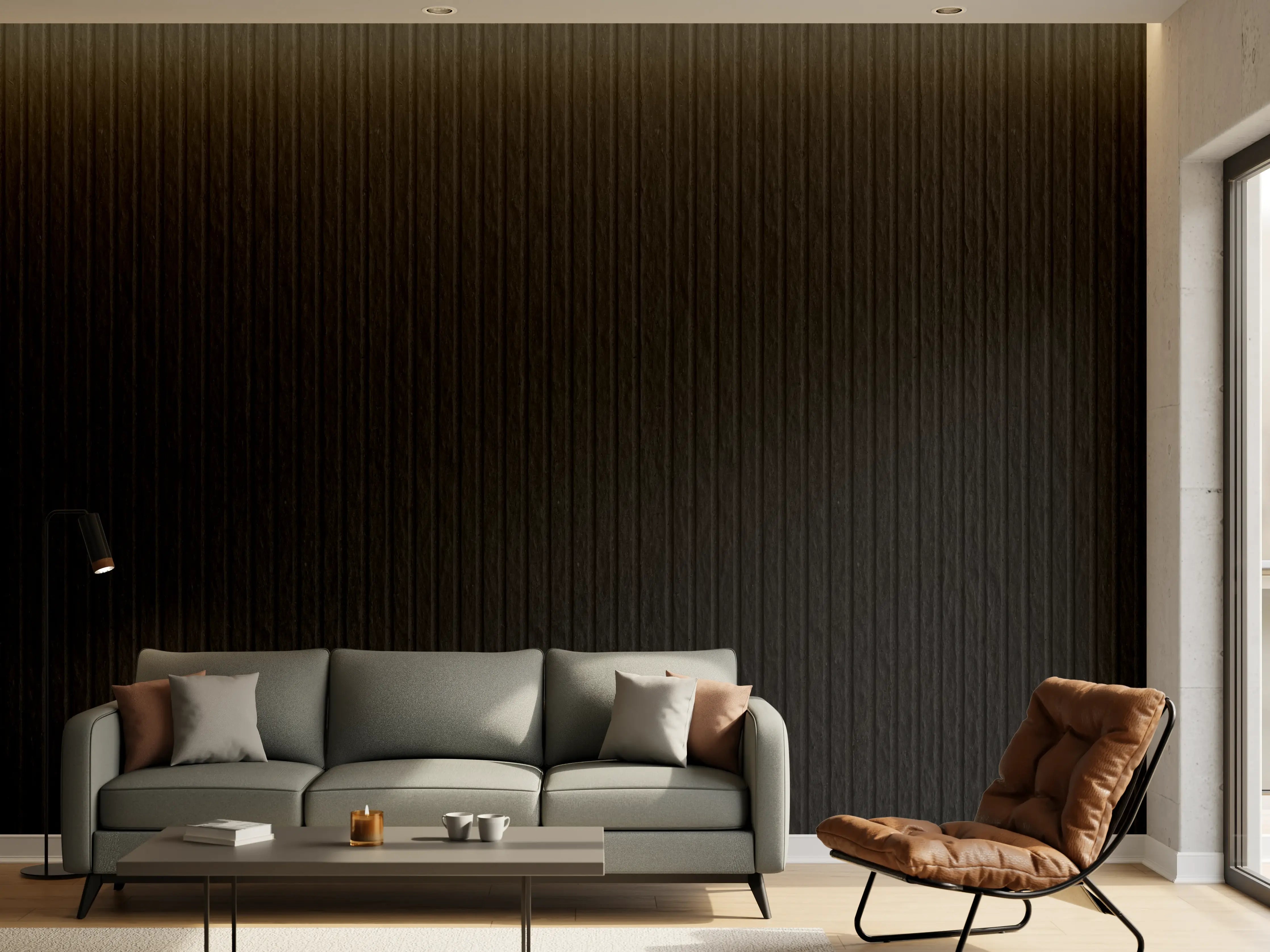 Wandverkleidung Wohnzimmer - Schwarze moderne Zementwand mit Linien Muster