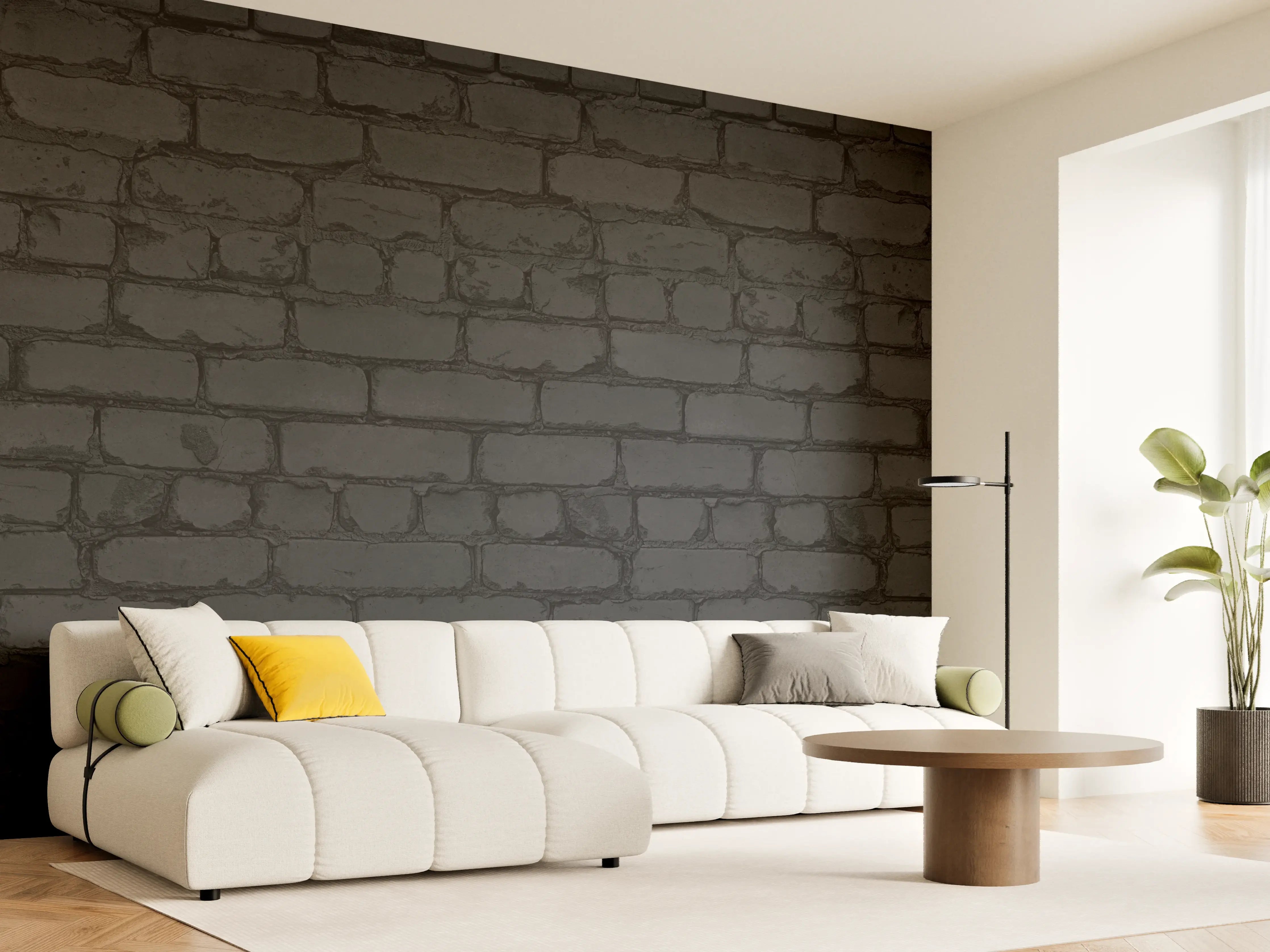 Wandverkleidung Wohnzimmer - Schwarze raue Backsteinmauer