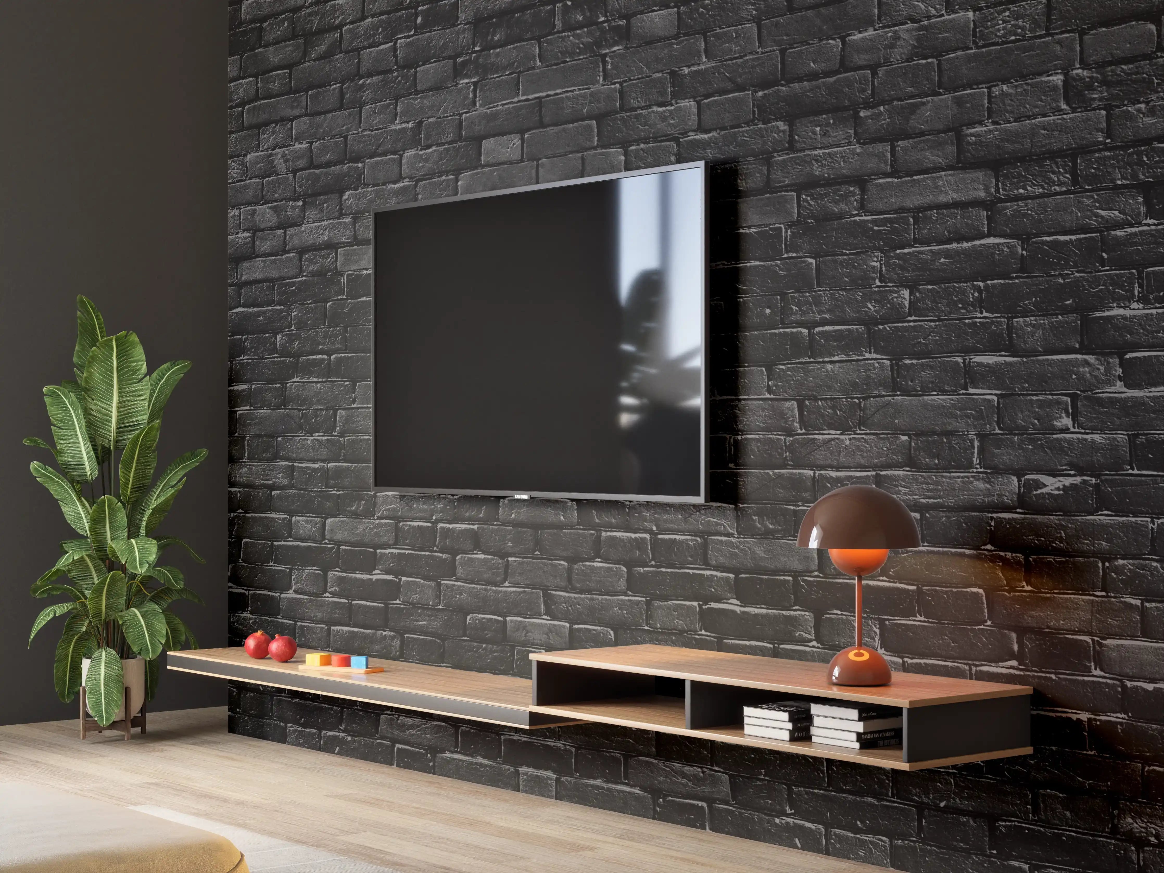 Wandverkleidung Wohnzimmer - Schwarze raue Ziegelwand