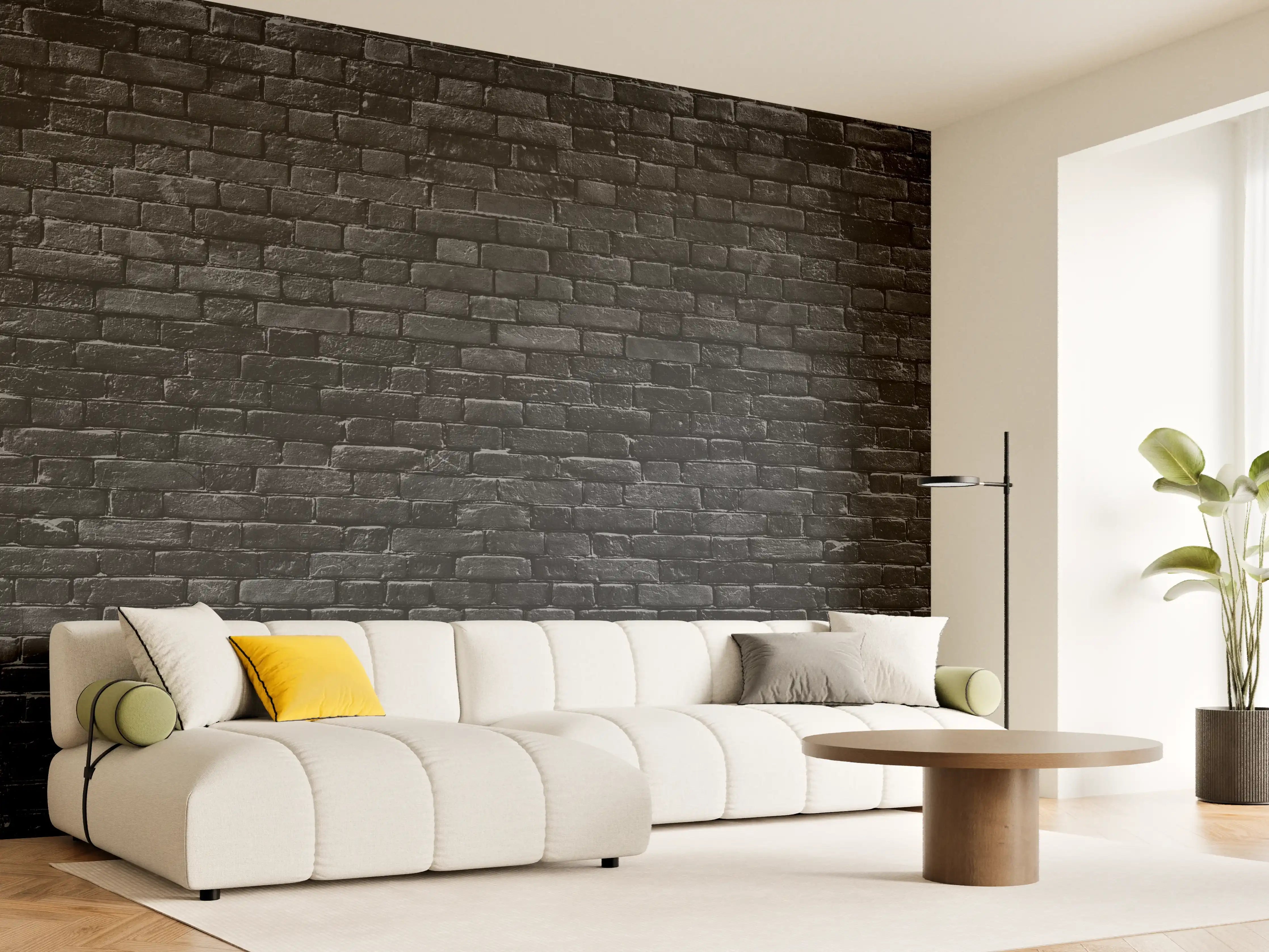 Wandverkleidung Wohnzimmer - Schwarze raue Ziegelwand