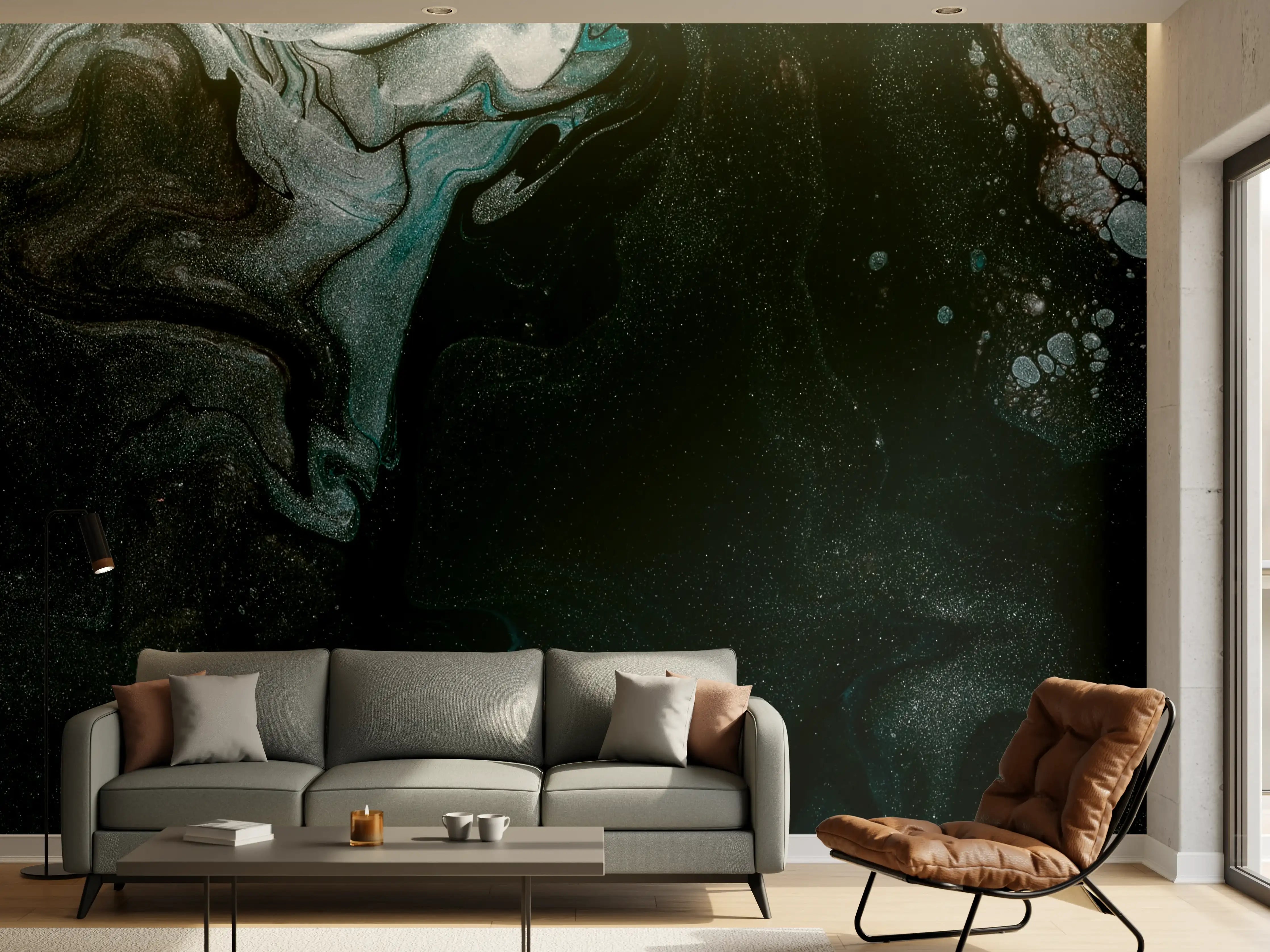 Wandverkleidung Wohnzimmer - Schwarze und graue Fluid-Art-Textur