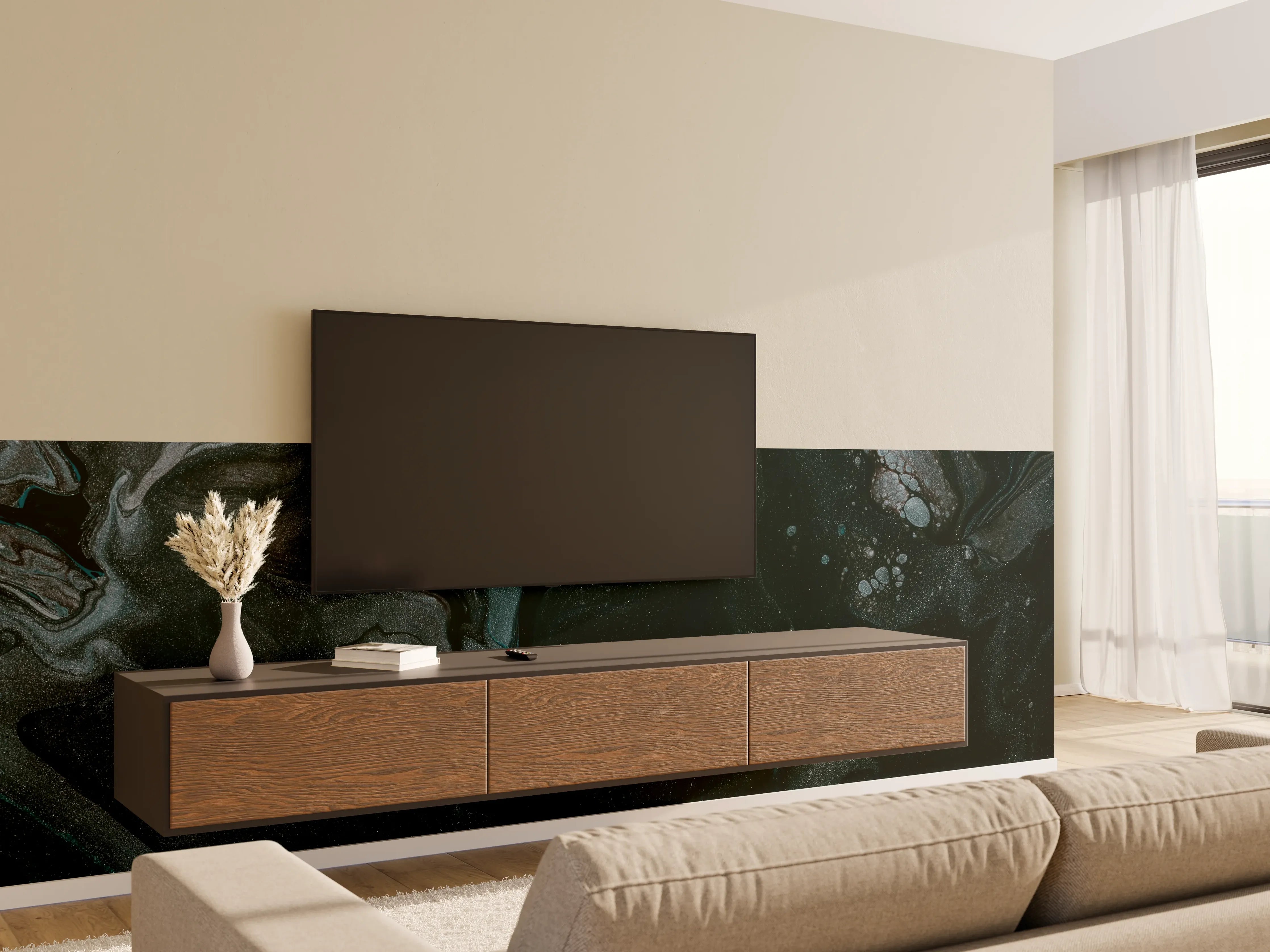 Wandverkleidung Wohnzimmer - Schwarze und graue Fluid-Art-Textur