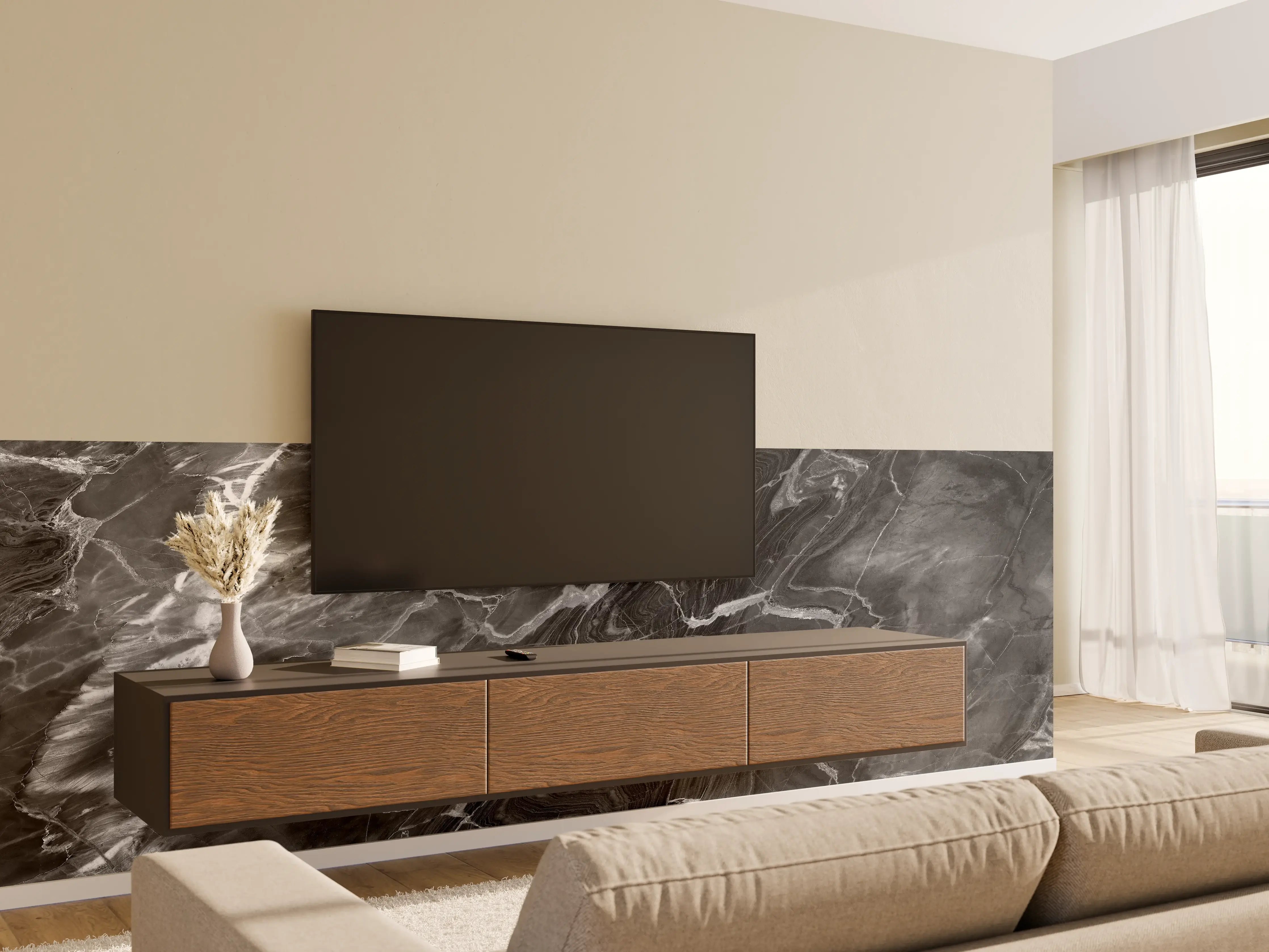Wandverkleidung Wohnzimmer - Schwarzer Marmor mit weißen Adern
