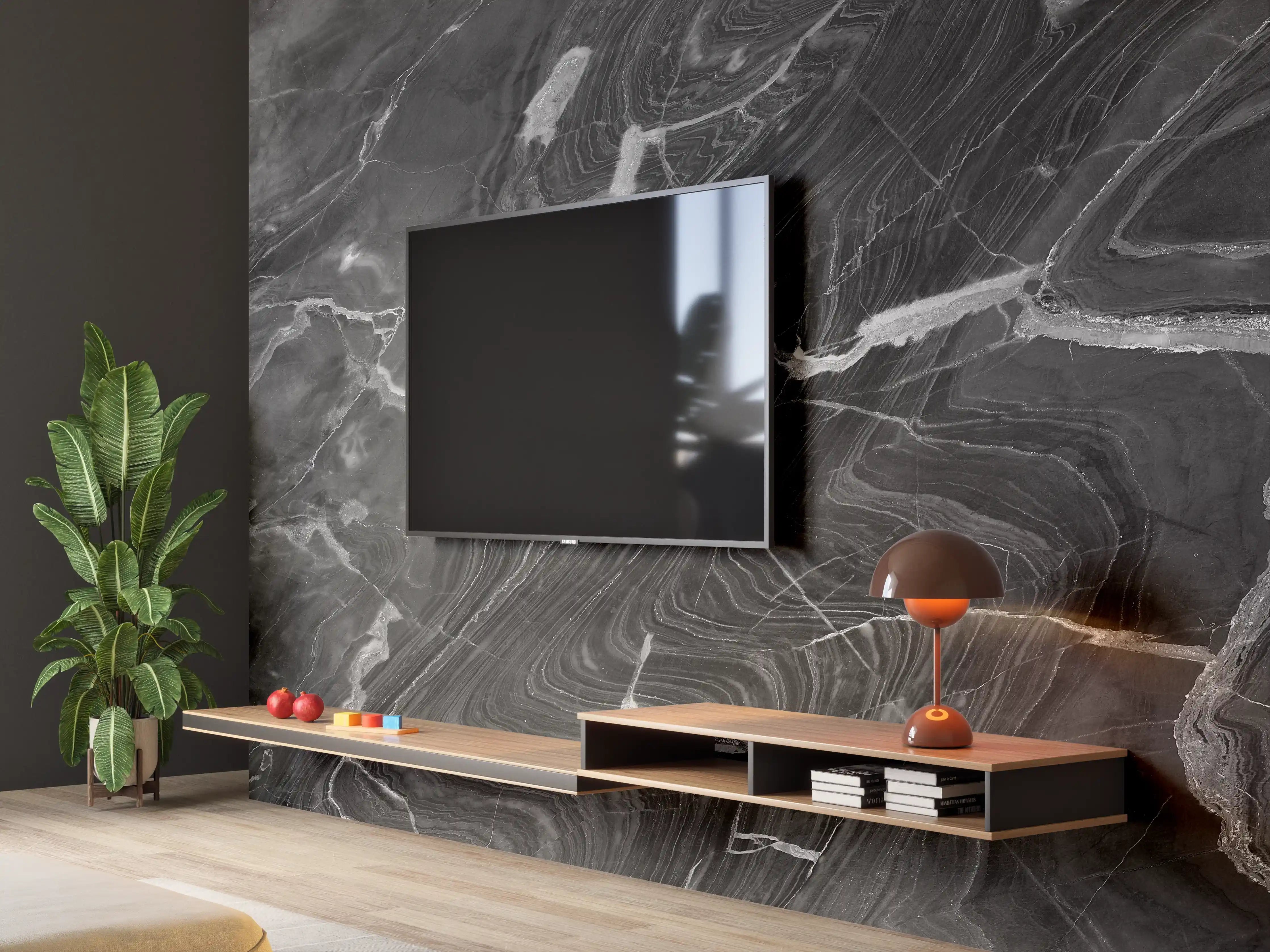 Wandverkleidung Wohnzimmer - Schwarzer Marmor mit weißen Adern