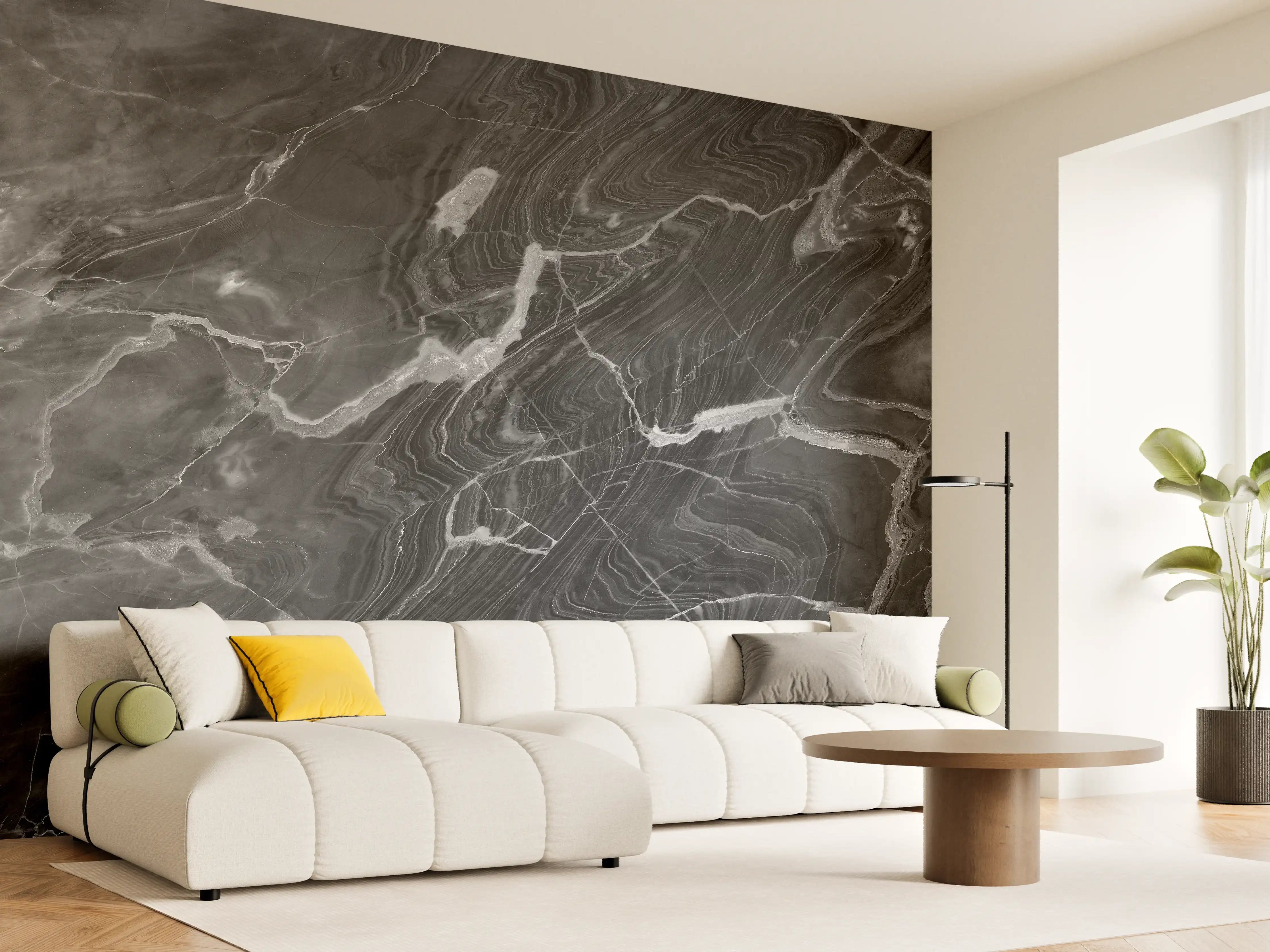 Wandverkleidung Wohnzimmer - Schwarzer Marmor mit weißen Adern