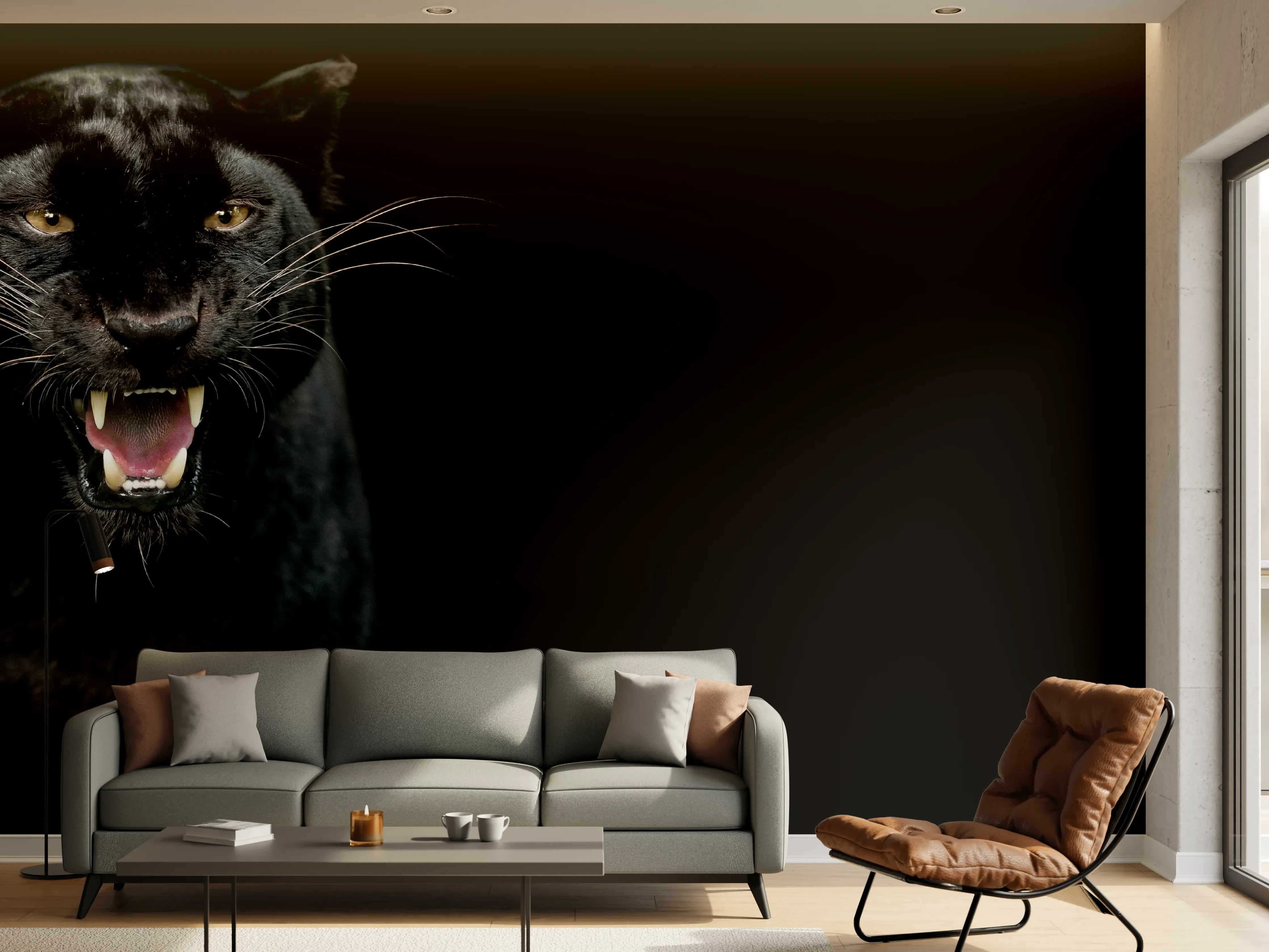 Wandverkleidung Wohnzimmer - Schwarzer Panther auf schwarzem Hintergrund