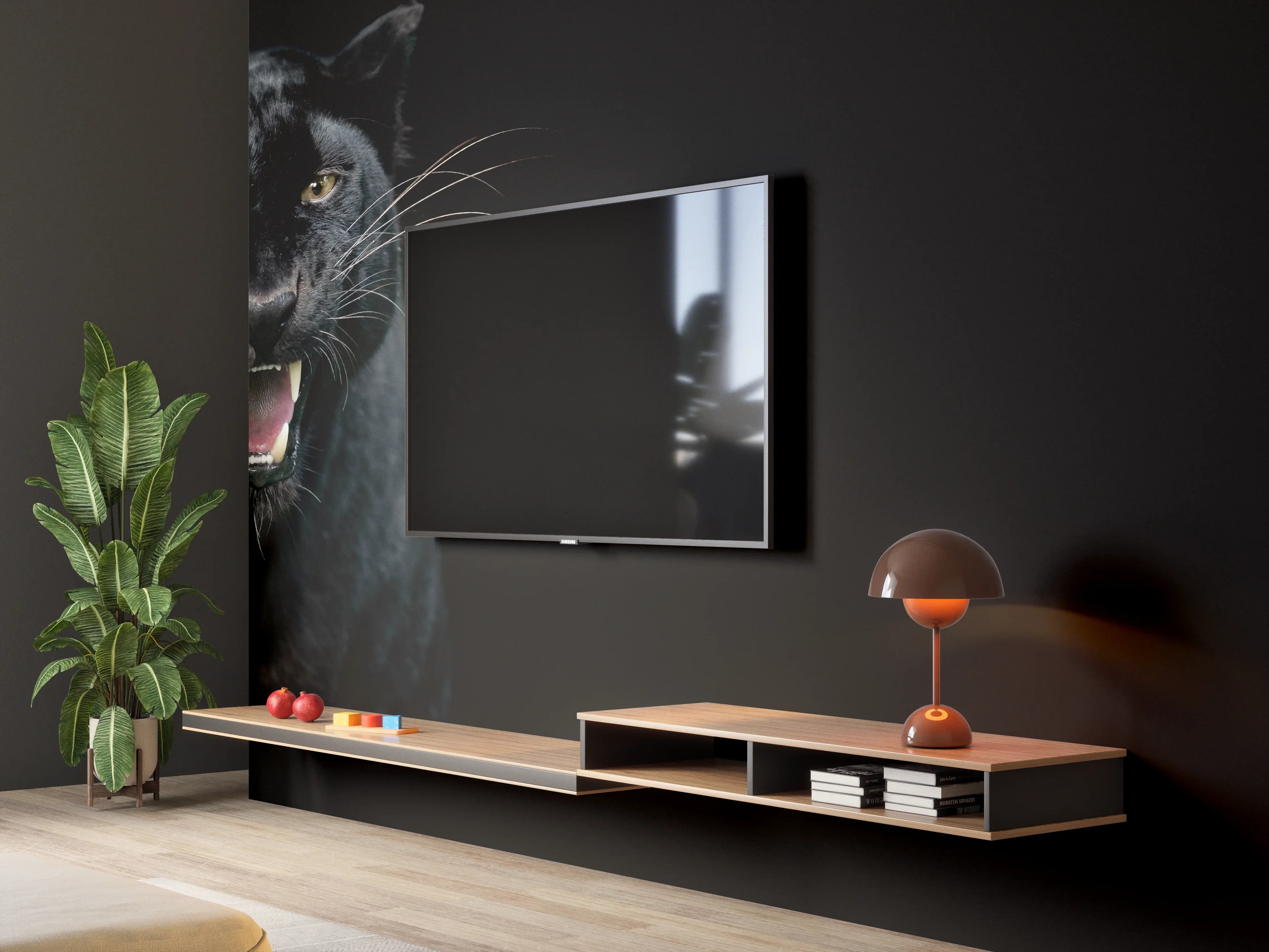 Wandverkleidung Wohnzimmer - Schwarzer Panther auf schwarzem Hintergrund