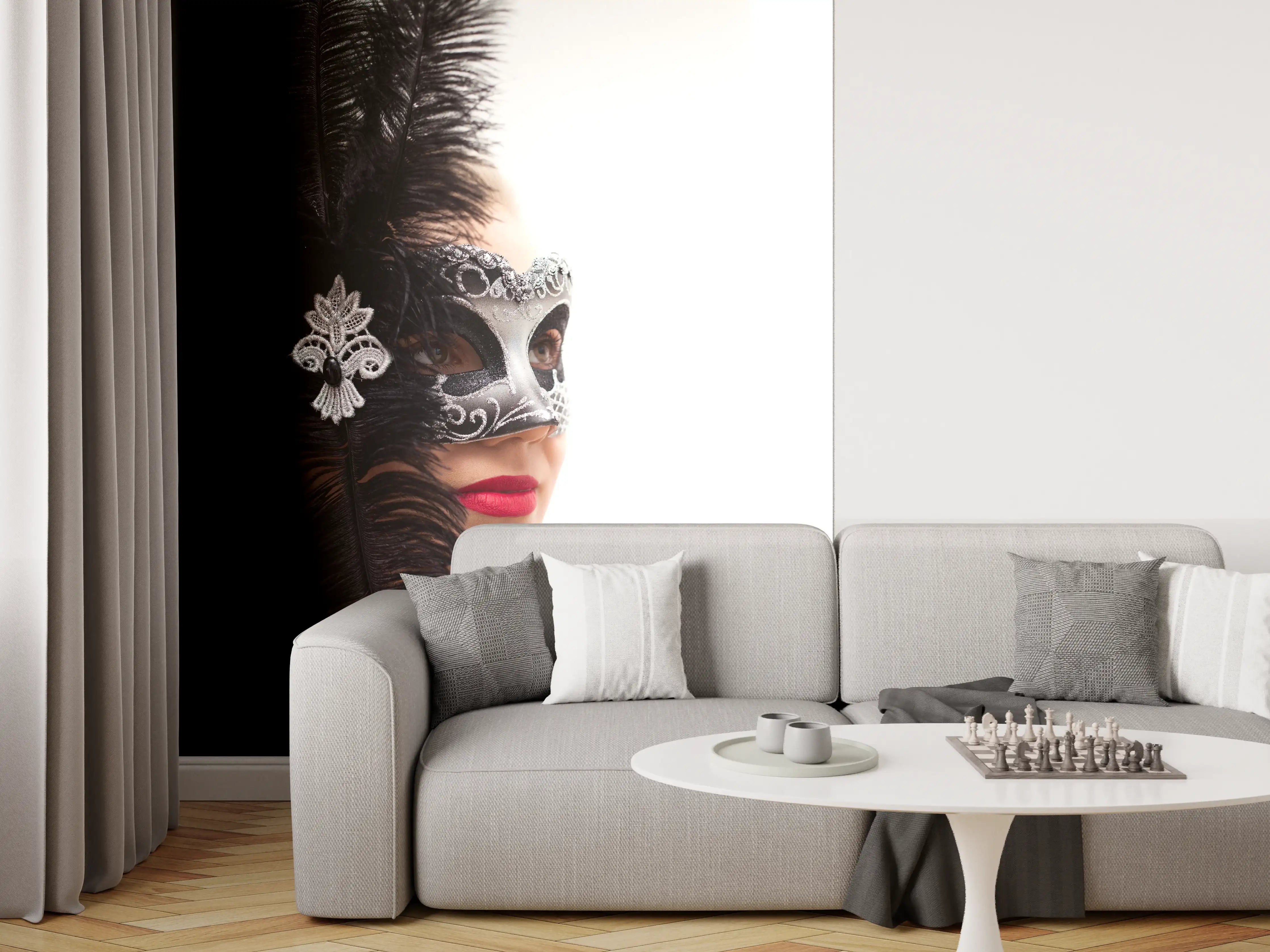 Wandverkleidung Wohnzimmer - Schwarzer Schwan Frau mit Maske