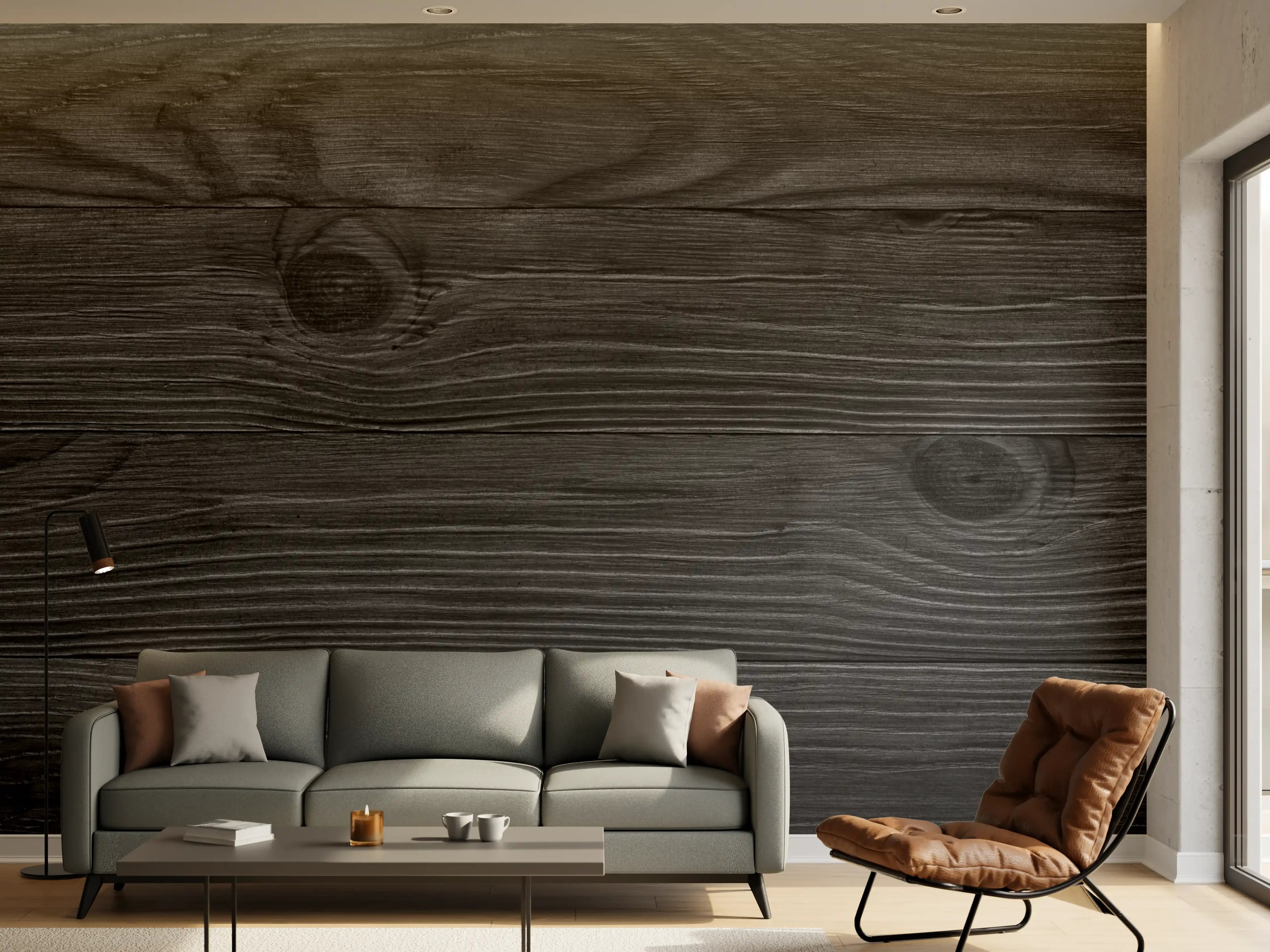 Wandverkleidung Wohnzimmer - Schwarzes Holz mit sichtbaren Maserungen