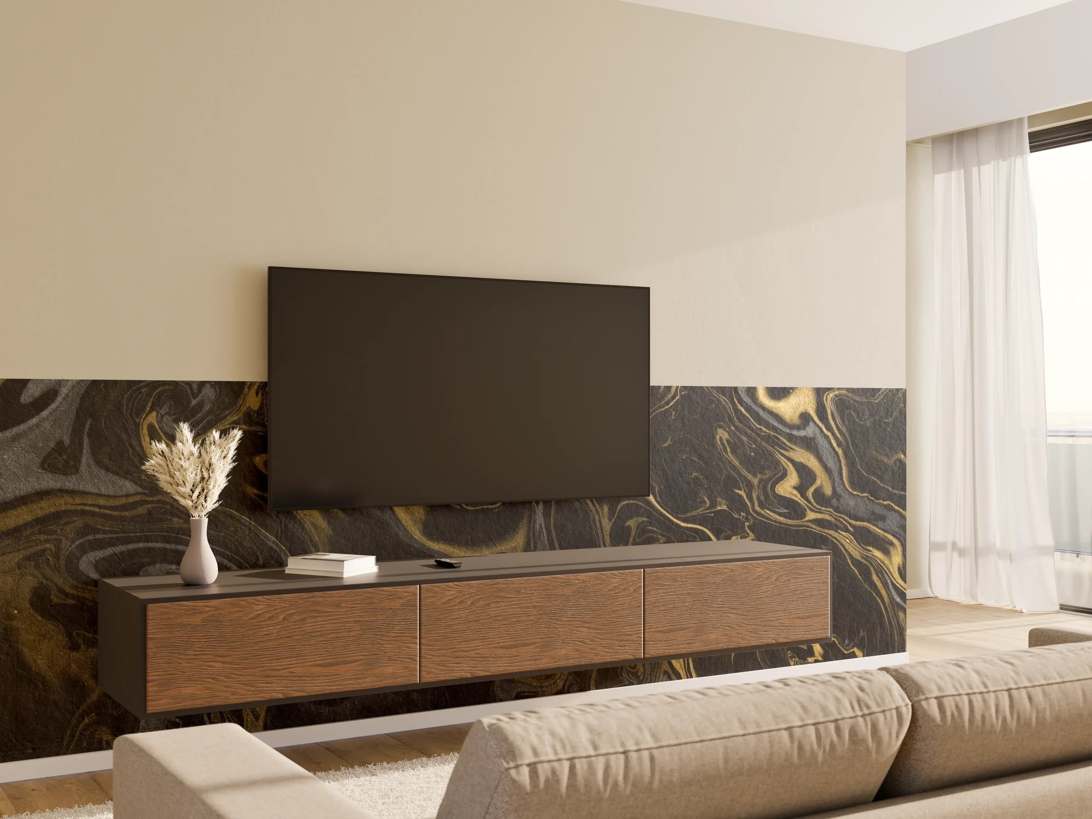 Wandverkleidung Wohnzimmer - Schwarzes Marmor-Design mit goldenen Akzenten