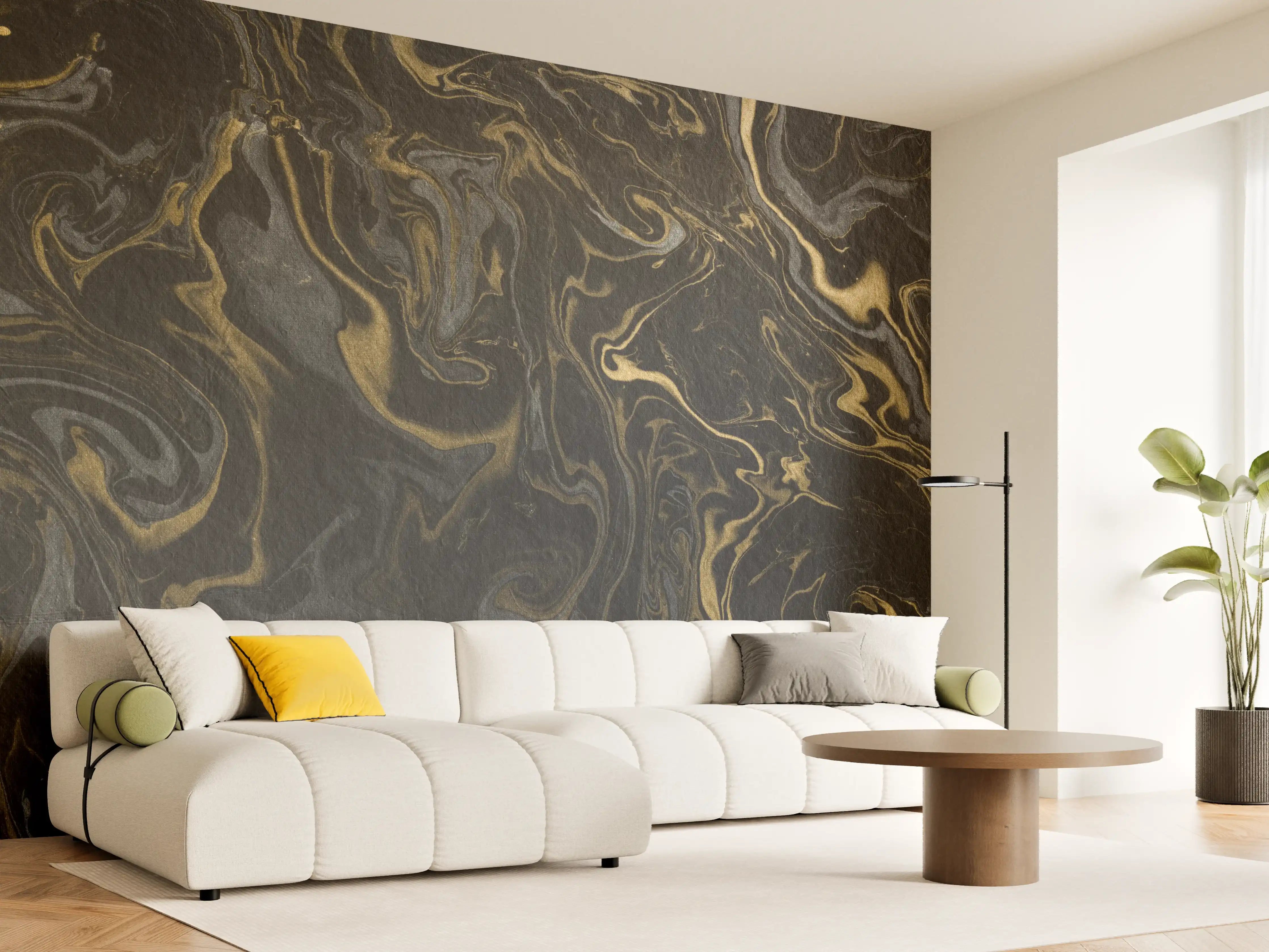 Wandverkleidung Wohnzimmer - Schwarzes Marmor-Design mit goldenen Akzenten
