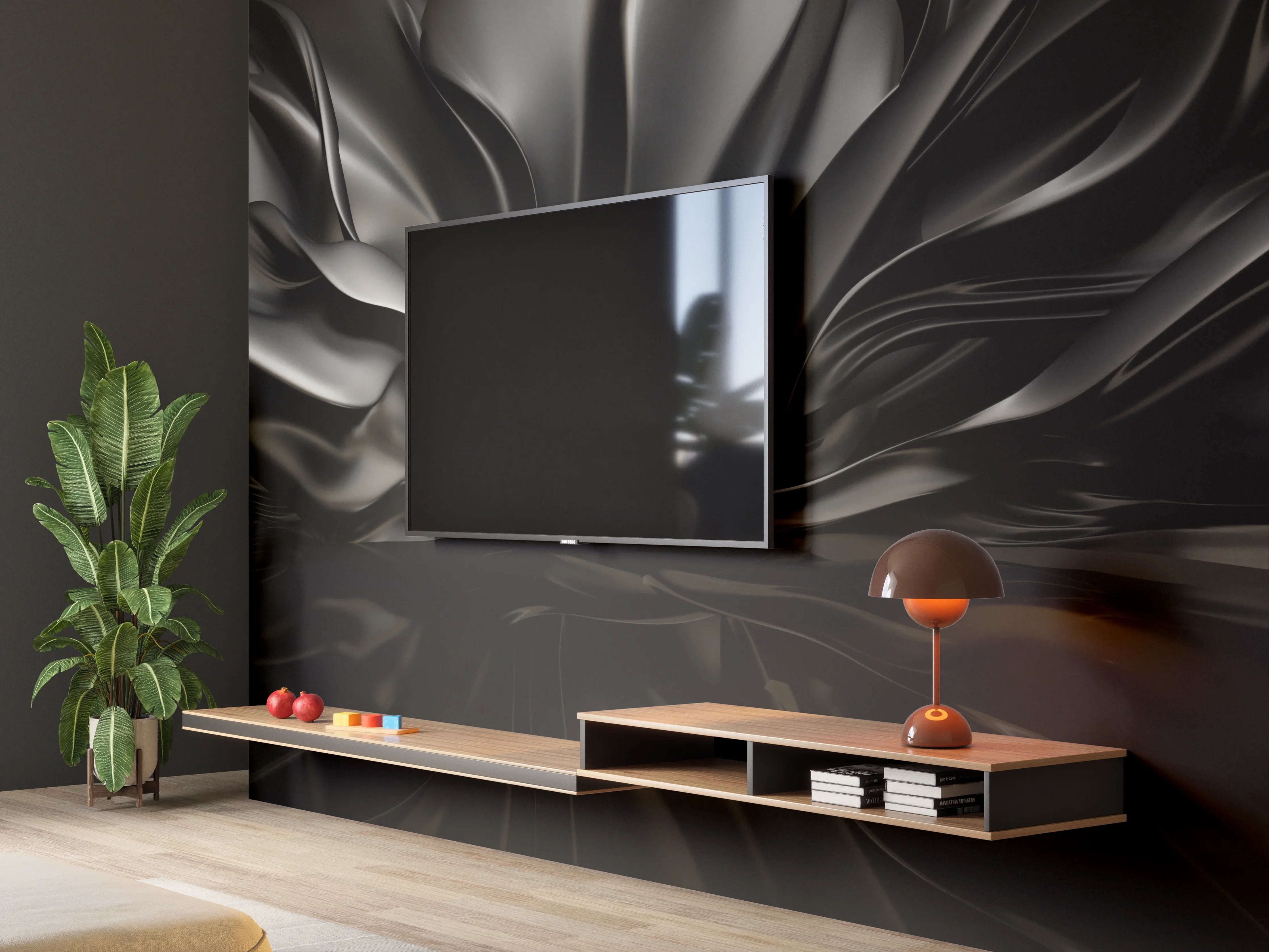 Wandverkleidung Wohnzimmer - Schwarzes, elegantes Stoffmuster