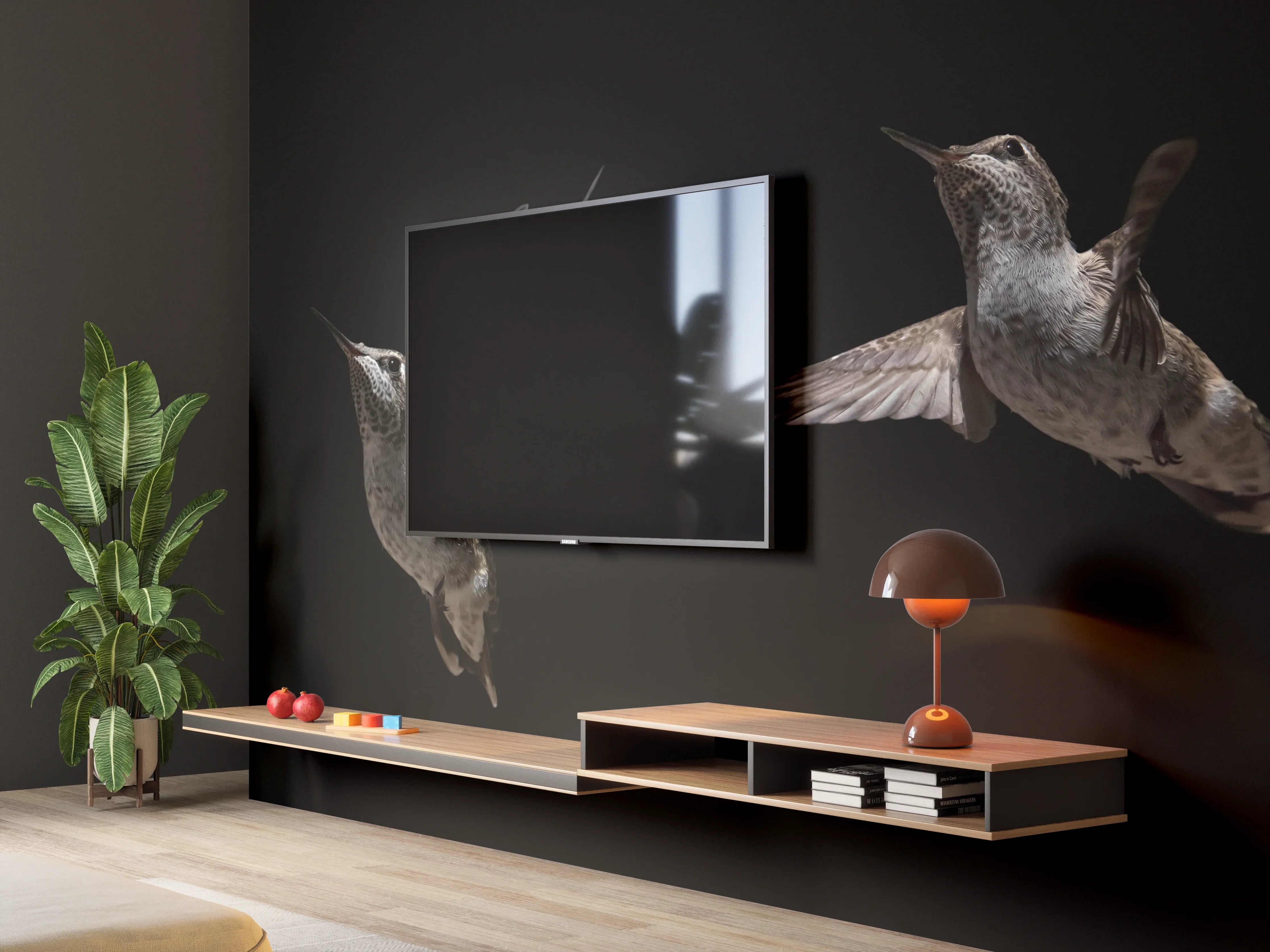 Wandverkleidung Wohnzimmer - Schwarzkinnkolibri Vogel mit Schwarzem Hintergrund