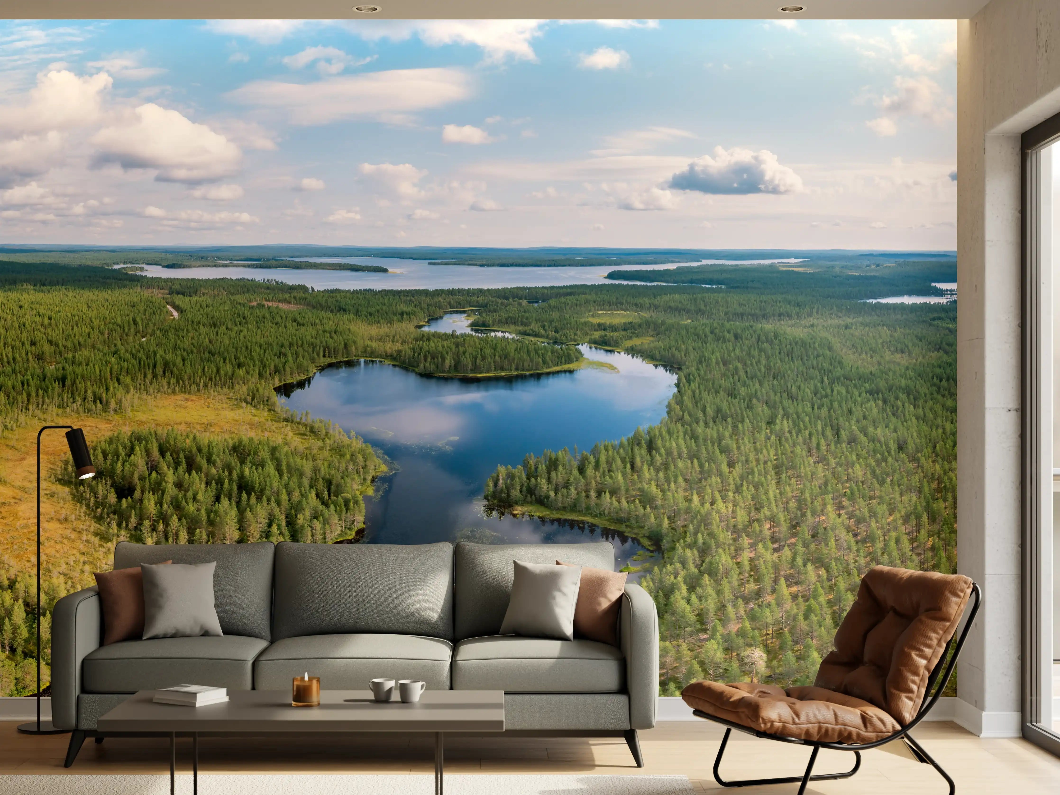 Wandverkleidung Wohnzimmer - Schwedische Seenlandschaft Luftaufnahme