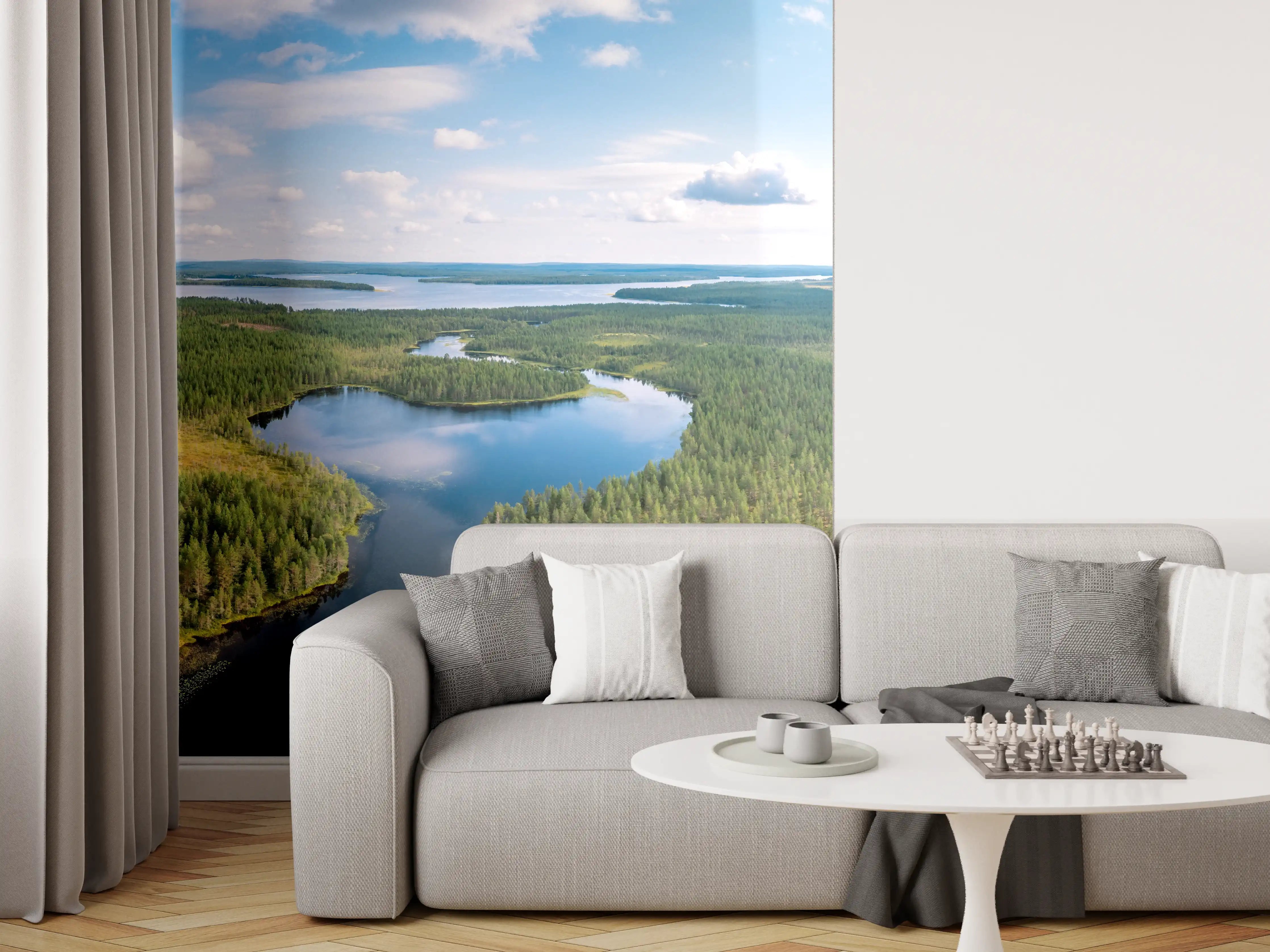 Wandverkleidung Wohnzimmer - Schwedische Seenlandschaft Luftaufnahme