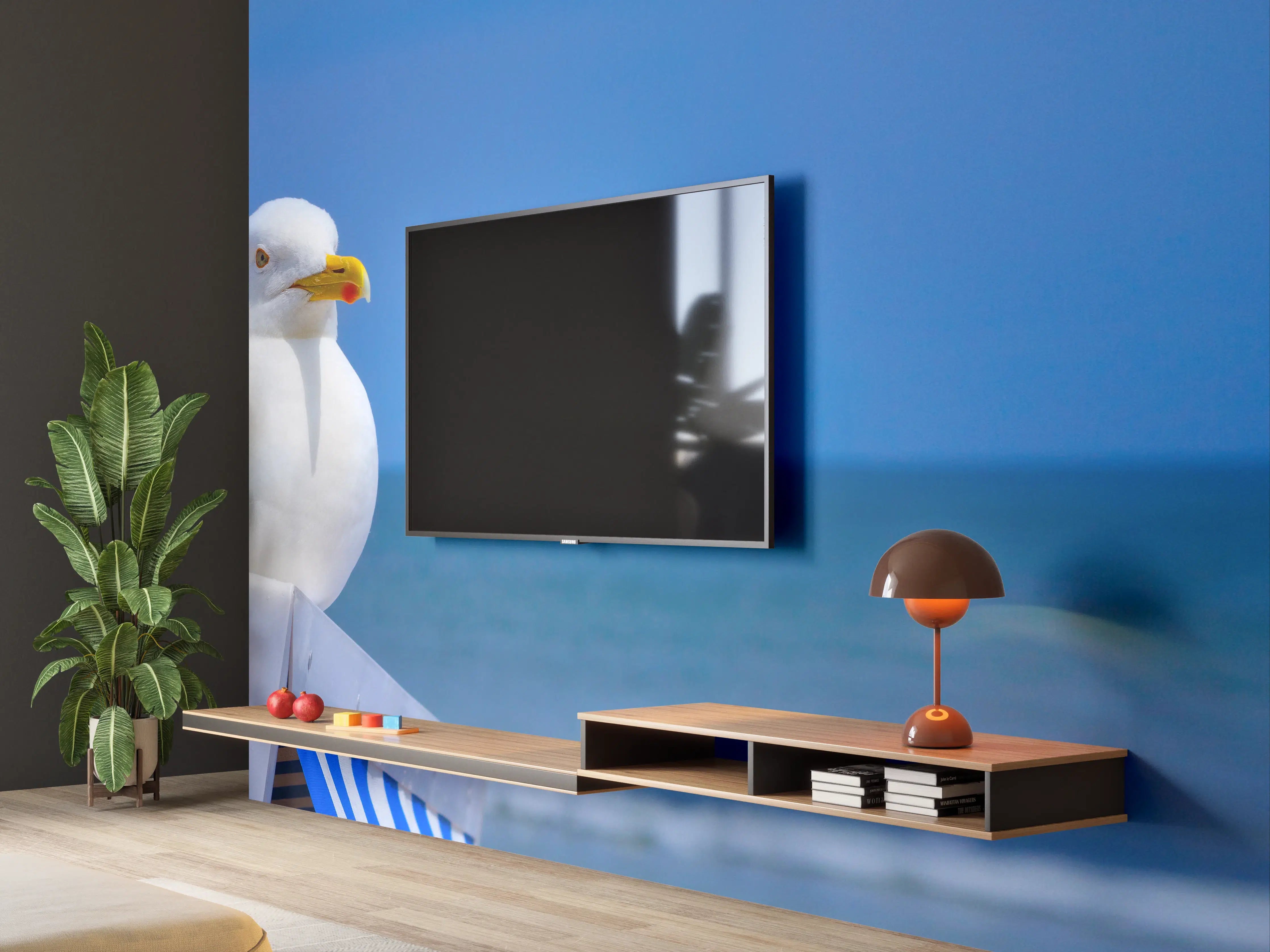 Wandverkleidung Wohnzimmer - Seegull am Strand mit blauem Hintergrund