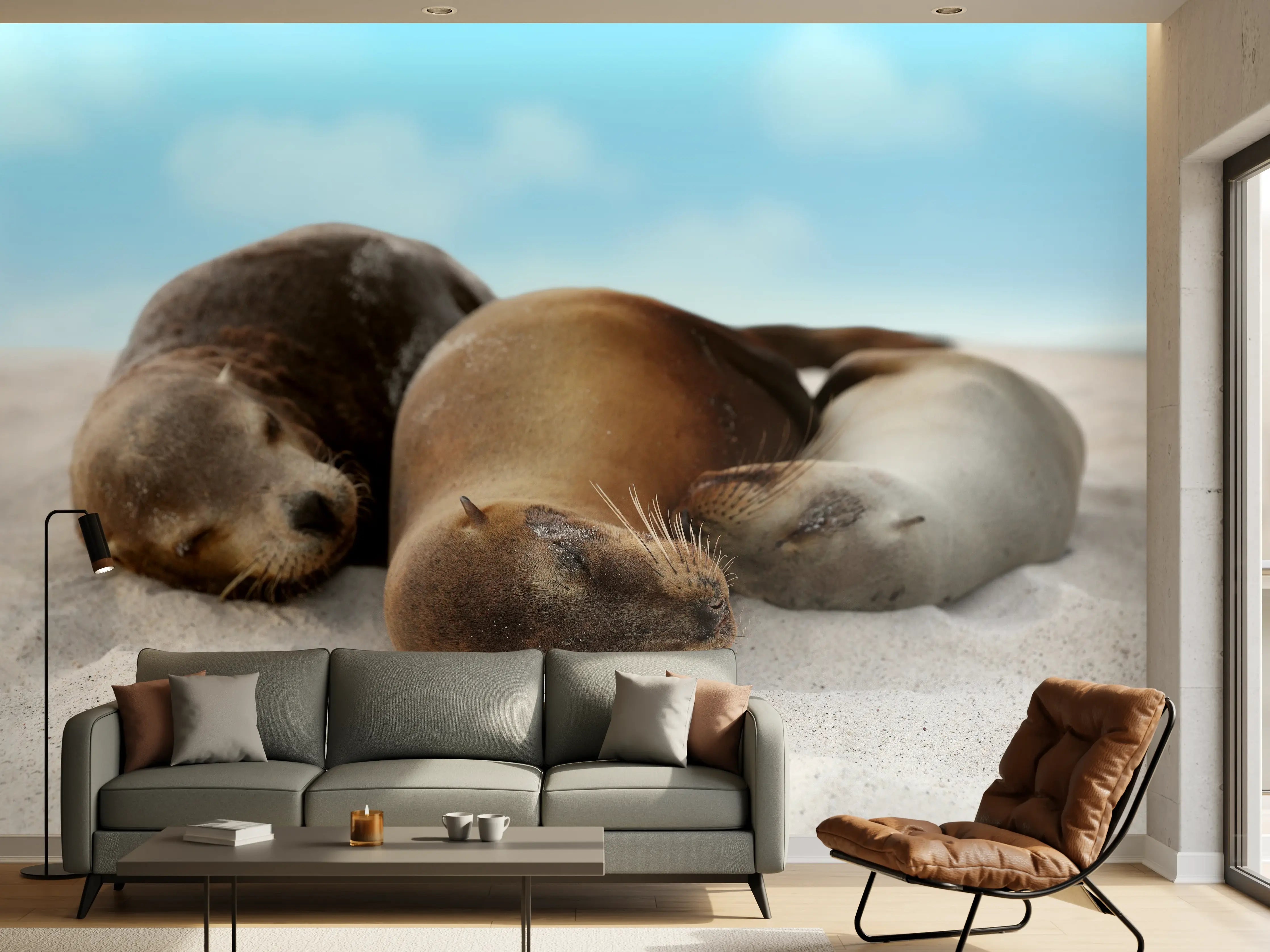 Wandverkleidung Wohnzimmer - Seelöwen im Sand liegend
