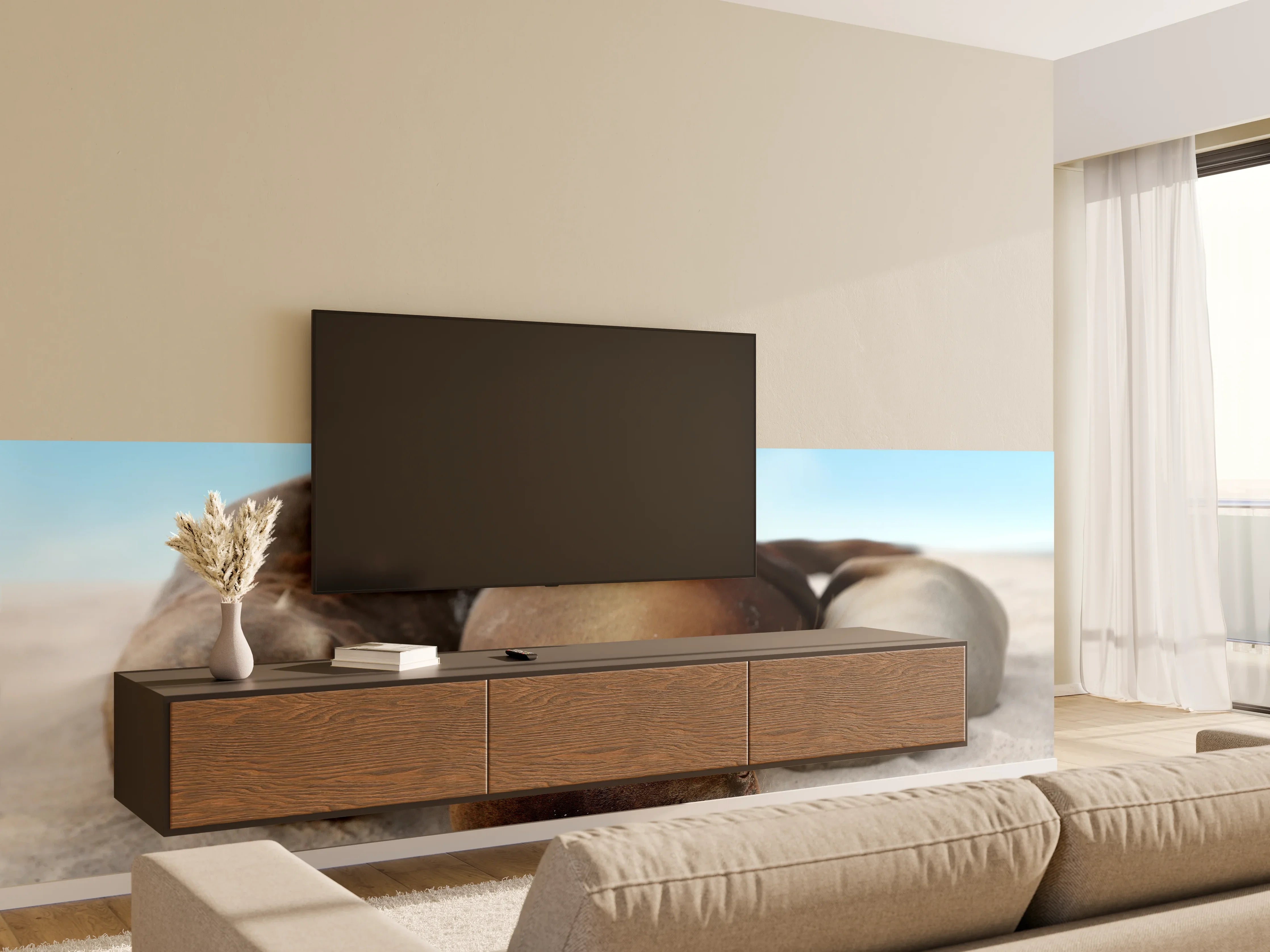 Wandverkleidung Wohnzimmer - Seelöwen im Sand liegend