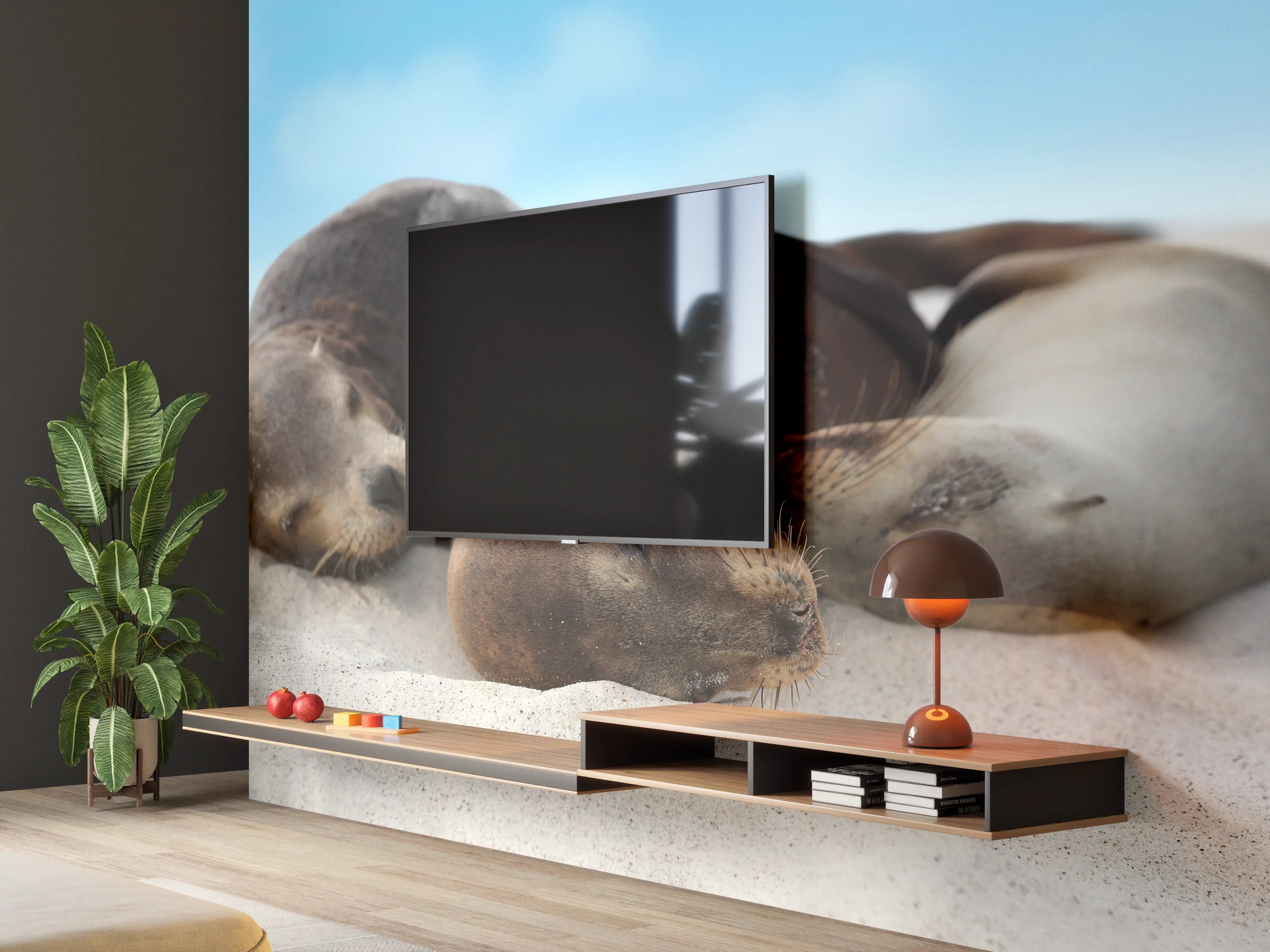 Wandverkleidung Wohnzimmer - Seelöwen im Sand liegend