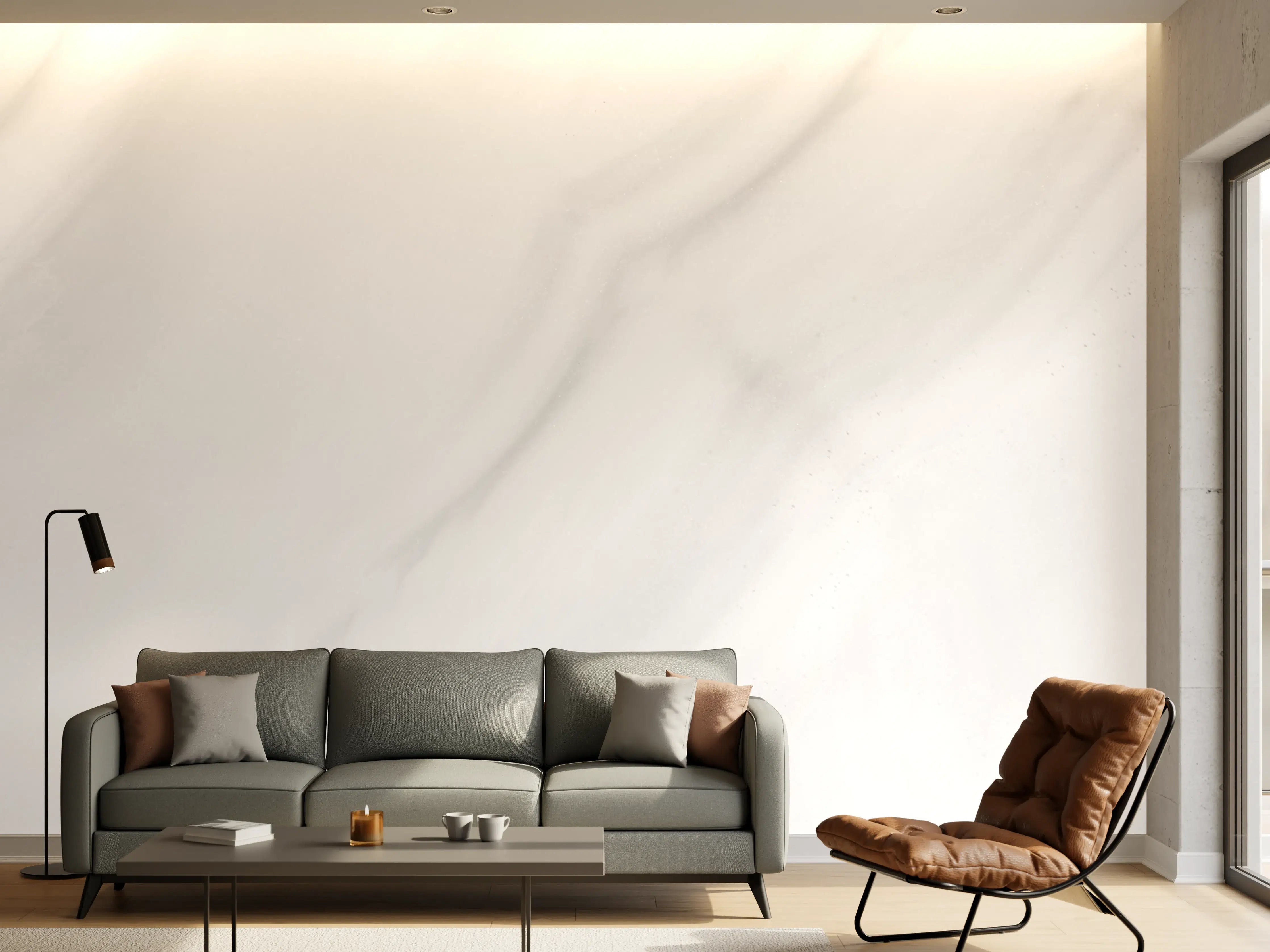 Wandverkleidung Wohnzimmer - Silberne Graunuancen im weißen Marmor