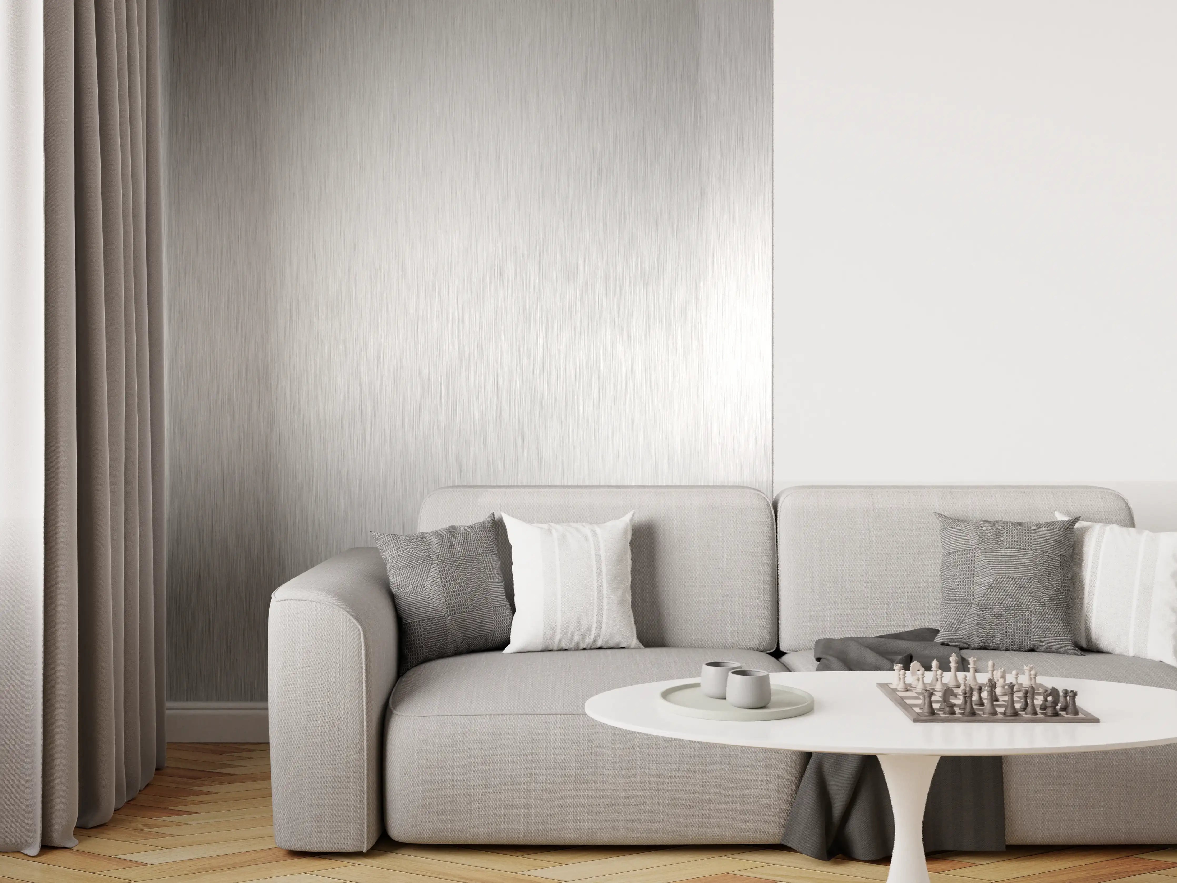 Wandverkleidung Wohnzimmer - Silberne Metallfläche mit diagonalen Linien