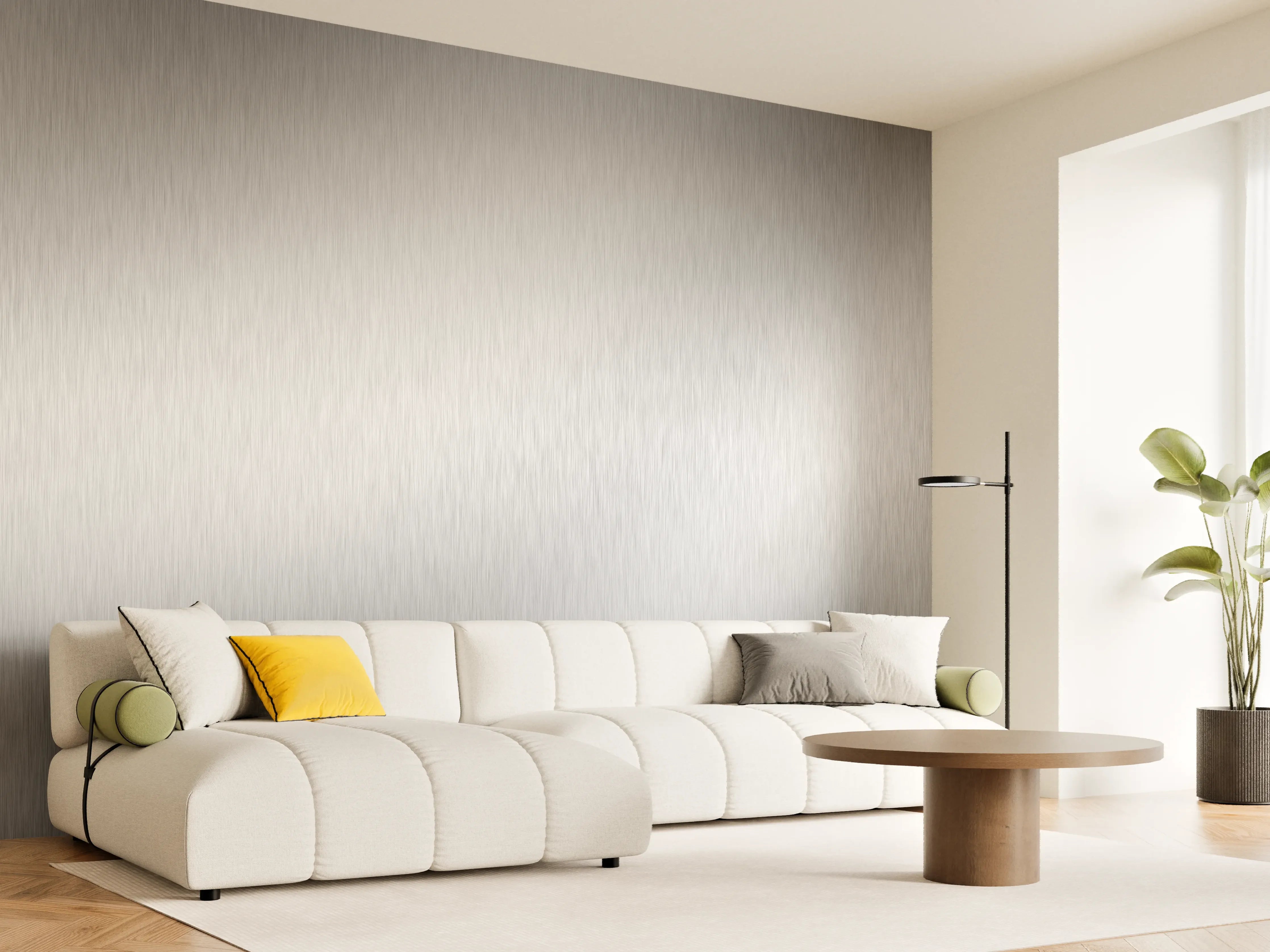 Wandverkleidung Wohnzimmer - Silberne Metallfläche mit diagonalen Linien