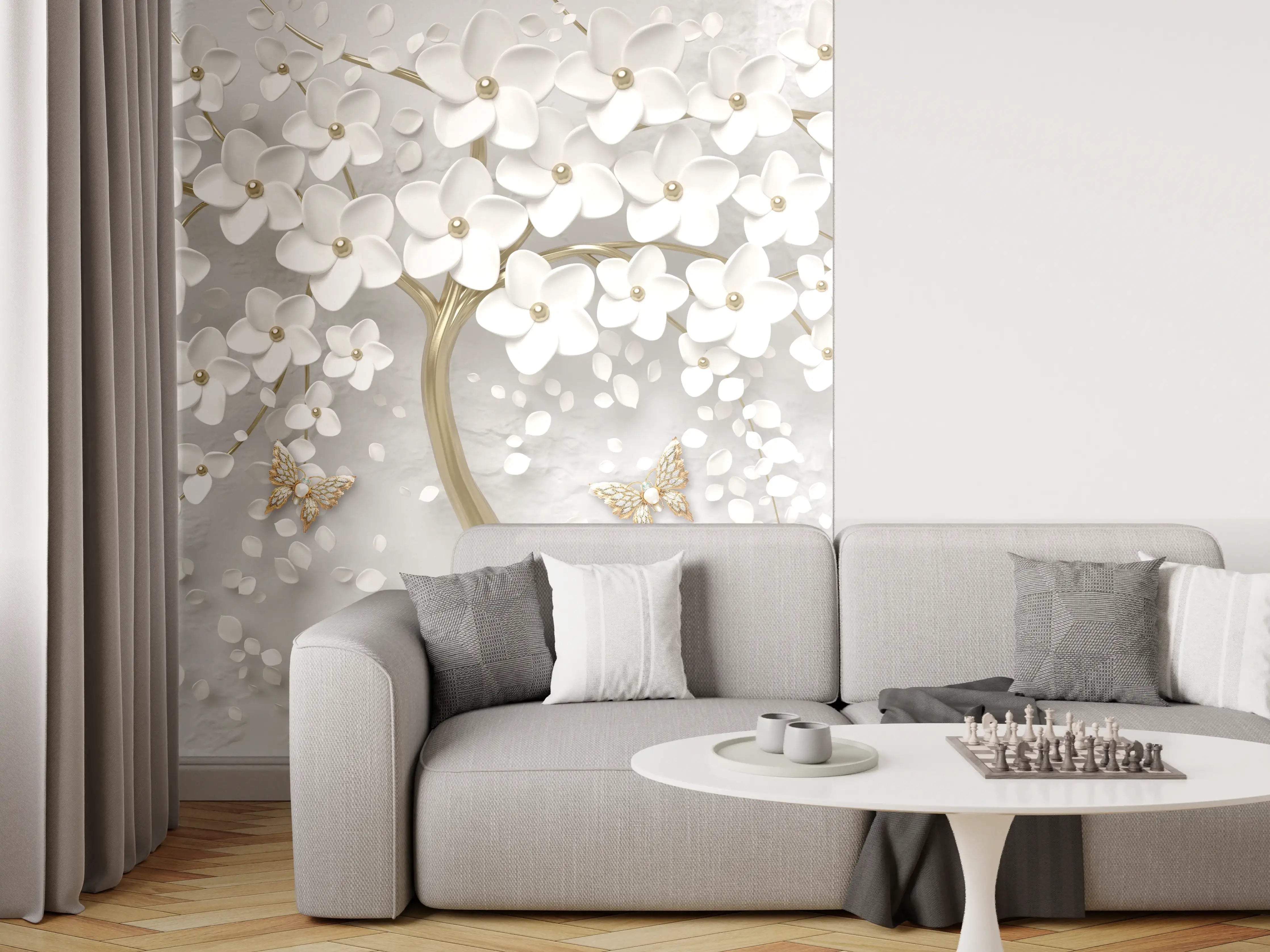 Wandverkleidung Wohnzimmer - Silberner Baum - Floral