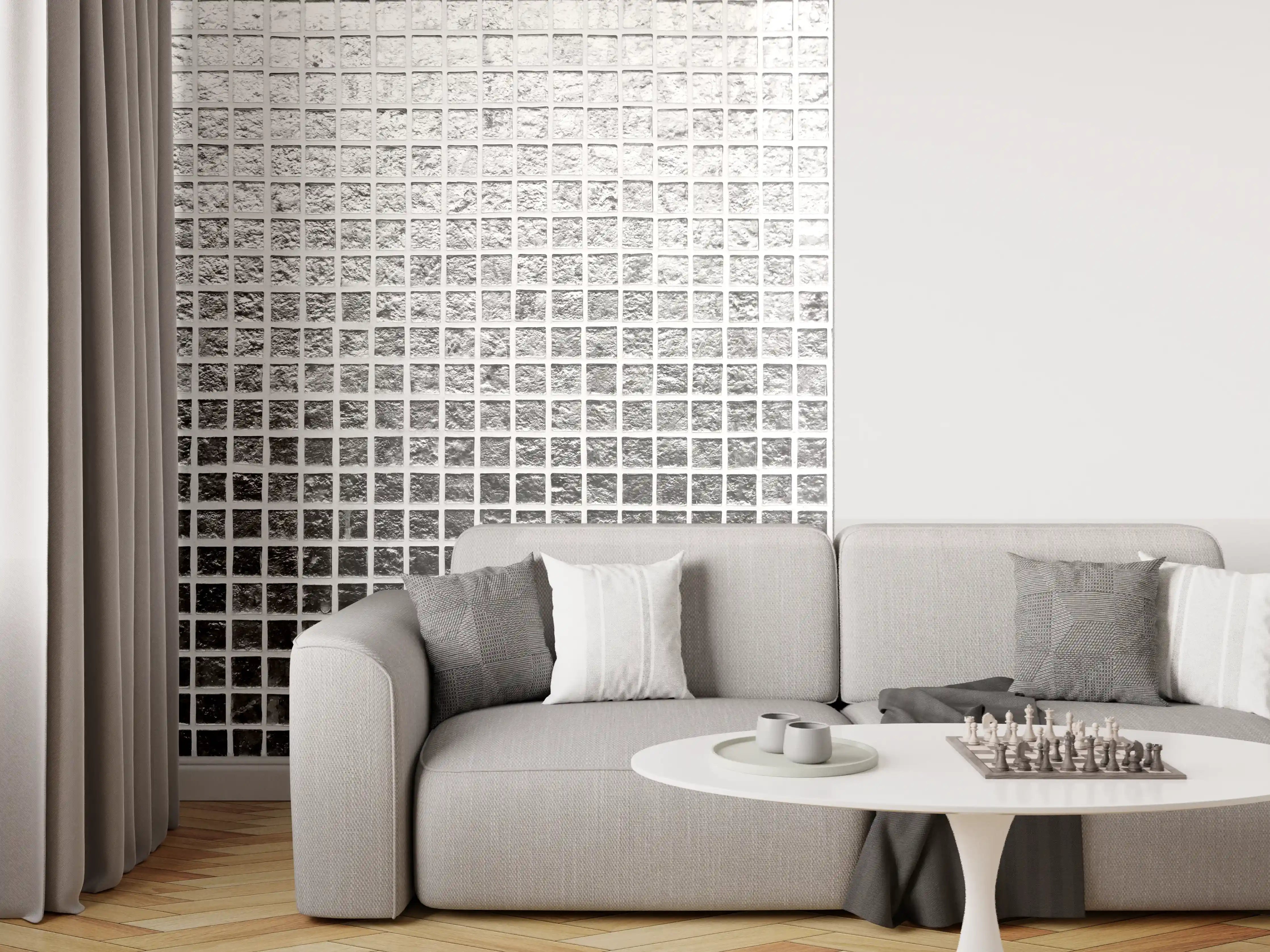 Wandverkleidung Wohnzimmer - Silbernes Fliesen Mosaikmuster