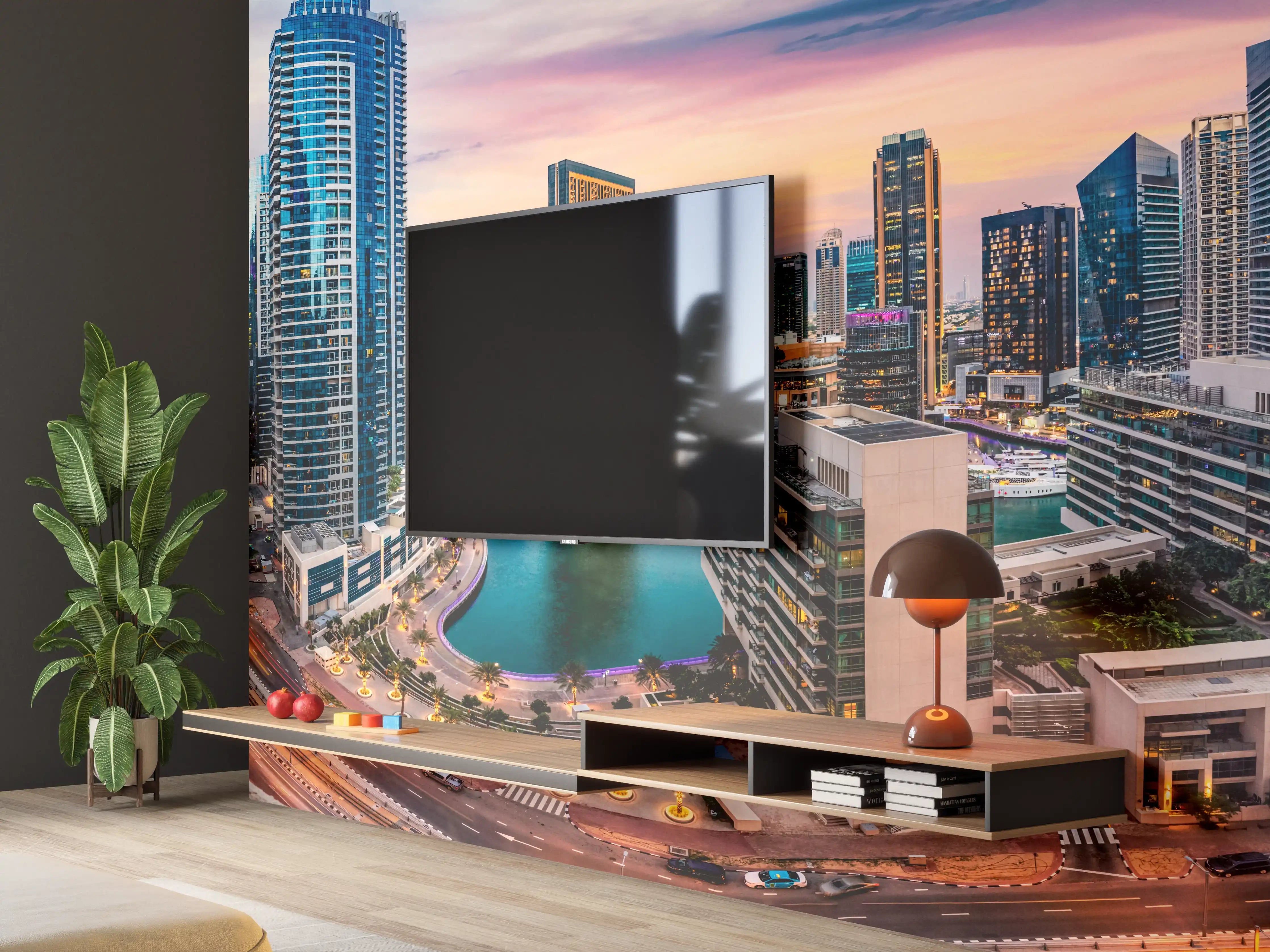 Wandverkleidung Wohnzimmer - Skyline des Jachthafens von Dubai bei Sonnenuntergang