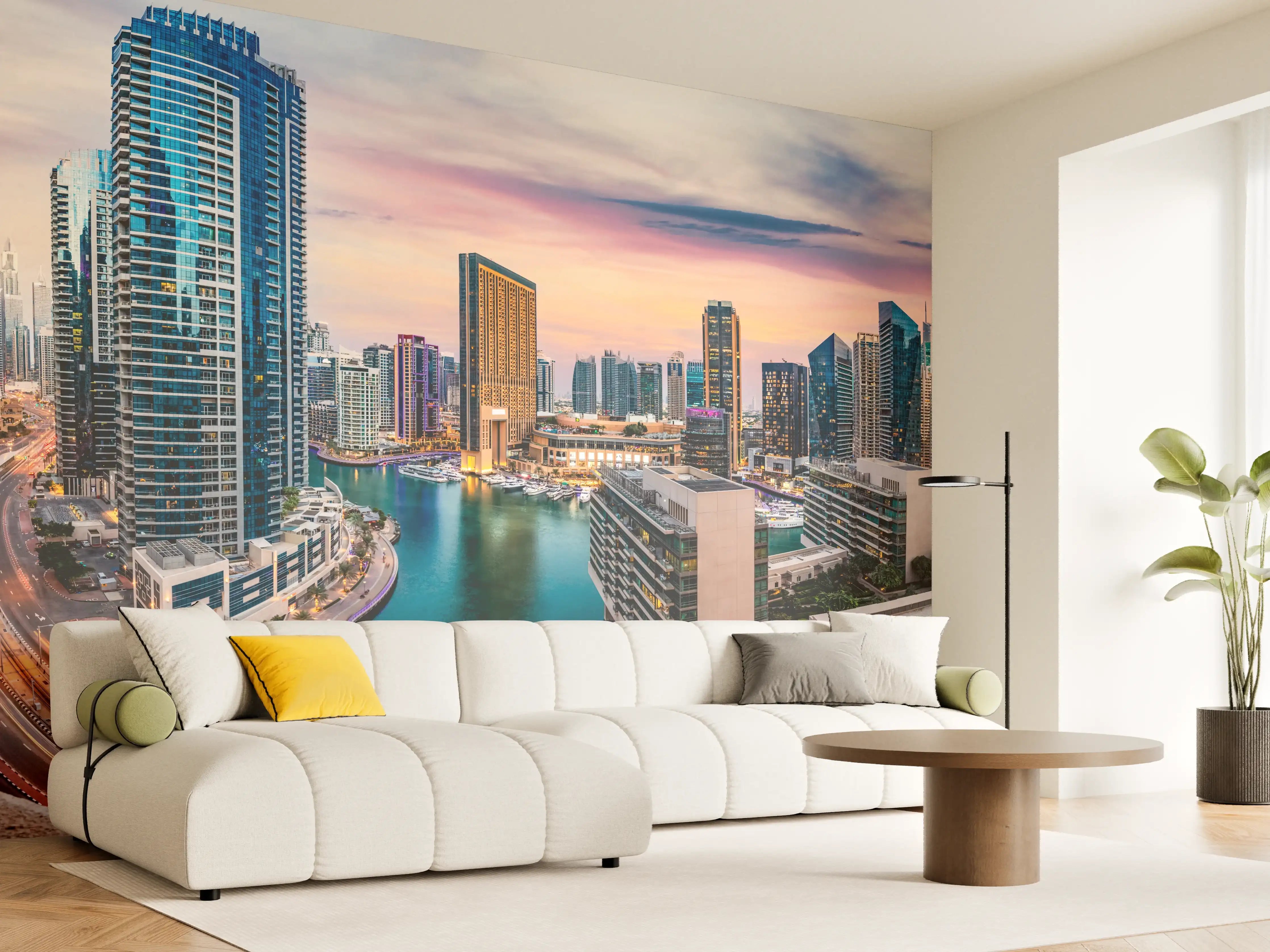 Wandverkleidung Wohnzimmer - Skyline des Jachthafens von Dubai bei Sonnenuntergang