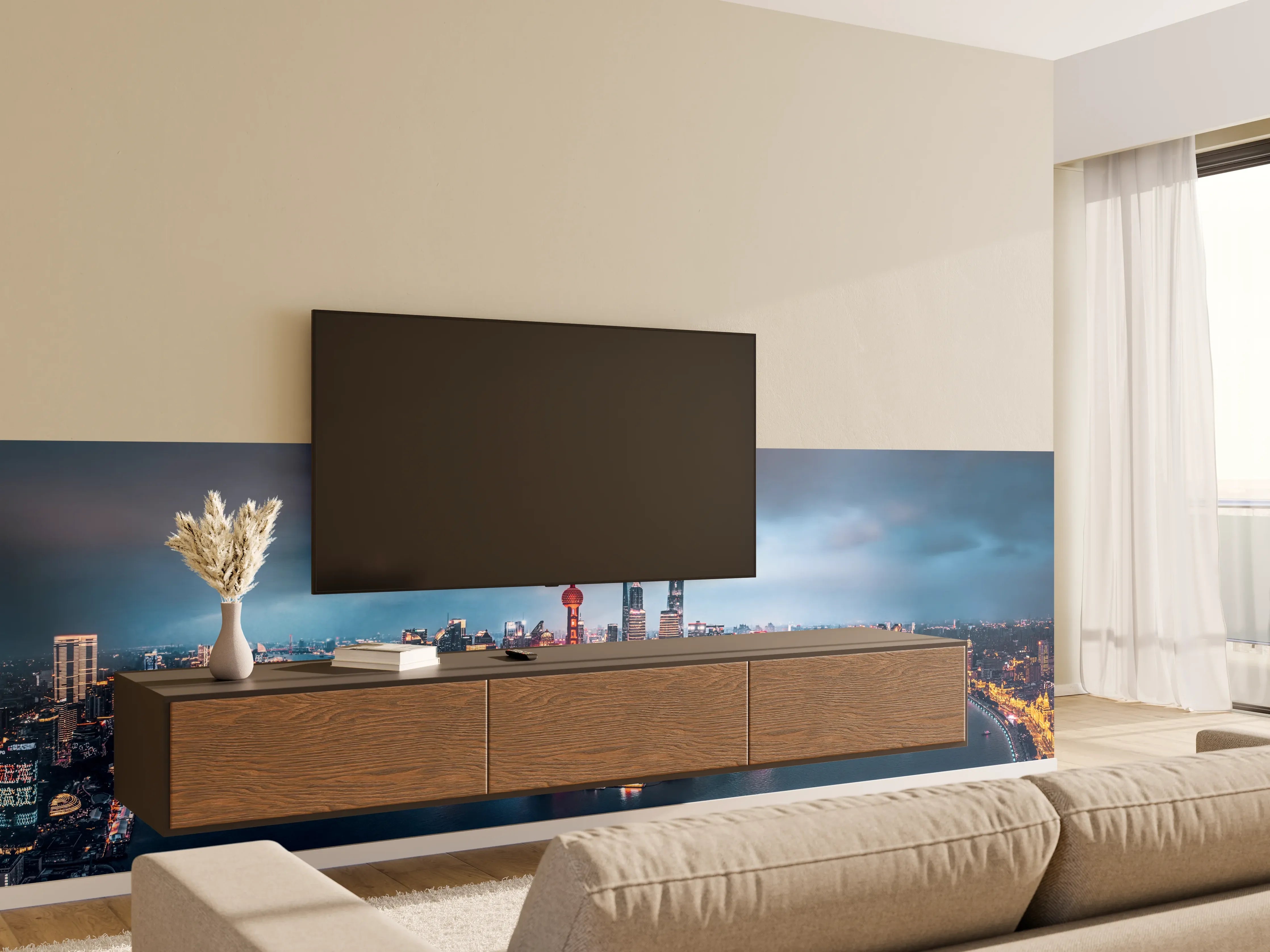 Wandverkleidung Wohnzimmer - Skyline von Shanghai bei Nacht