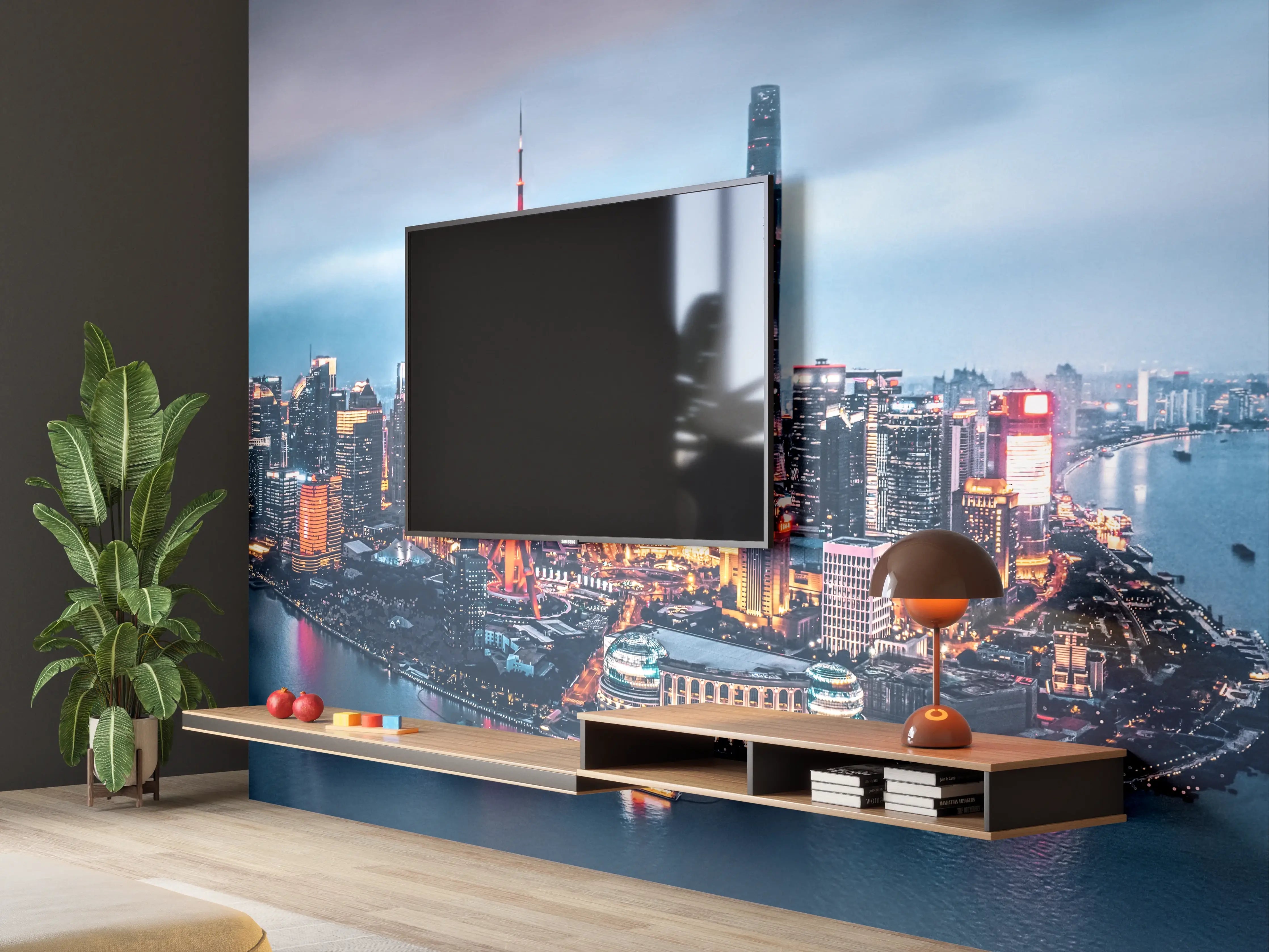 Wandverkleidung Wohnzimmer - Skyline von Shanghai bei Nacht