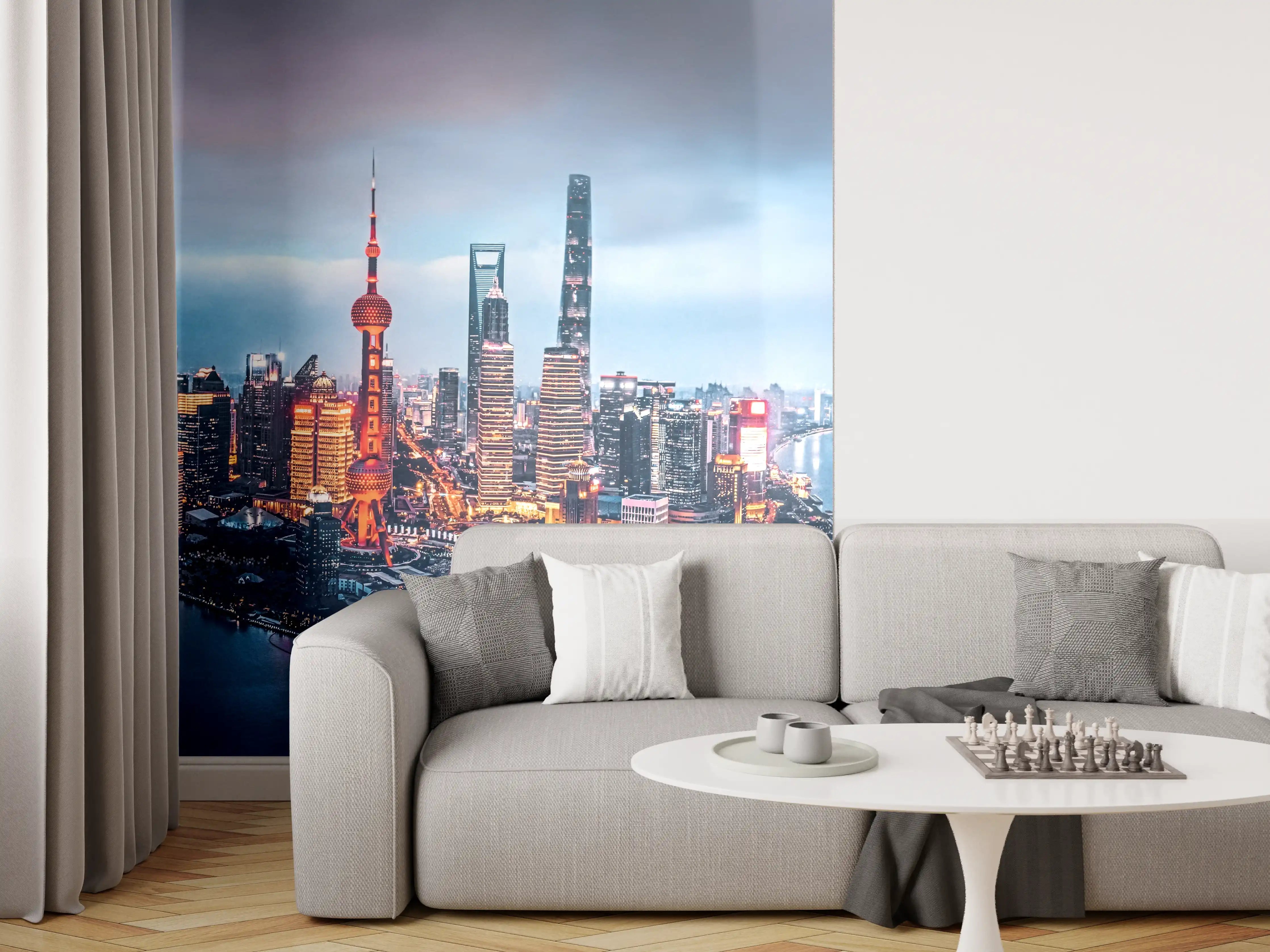 Wandverkleidung Wohnzimmer - Skyline von Shanghai bei Nacht