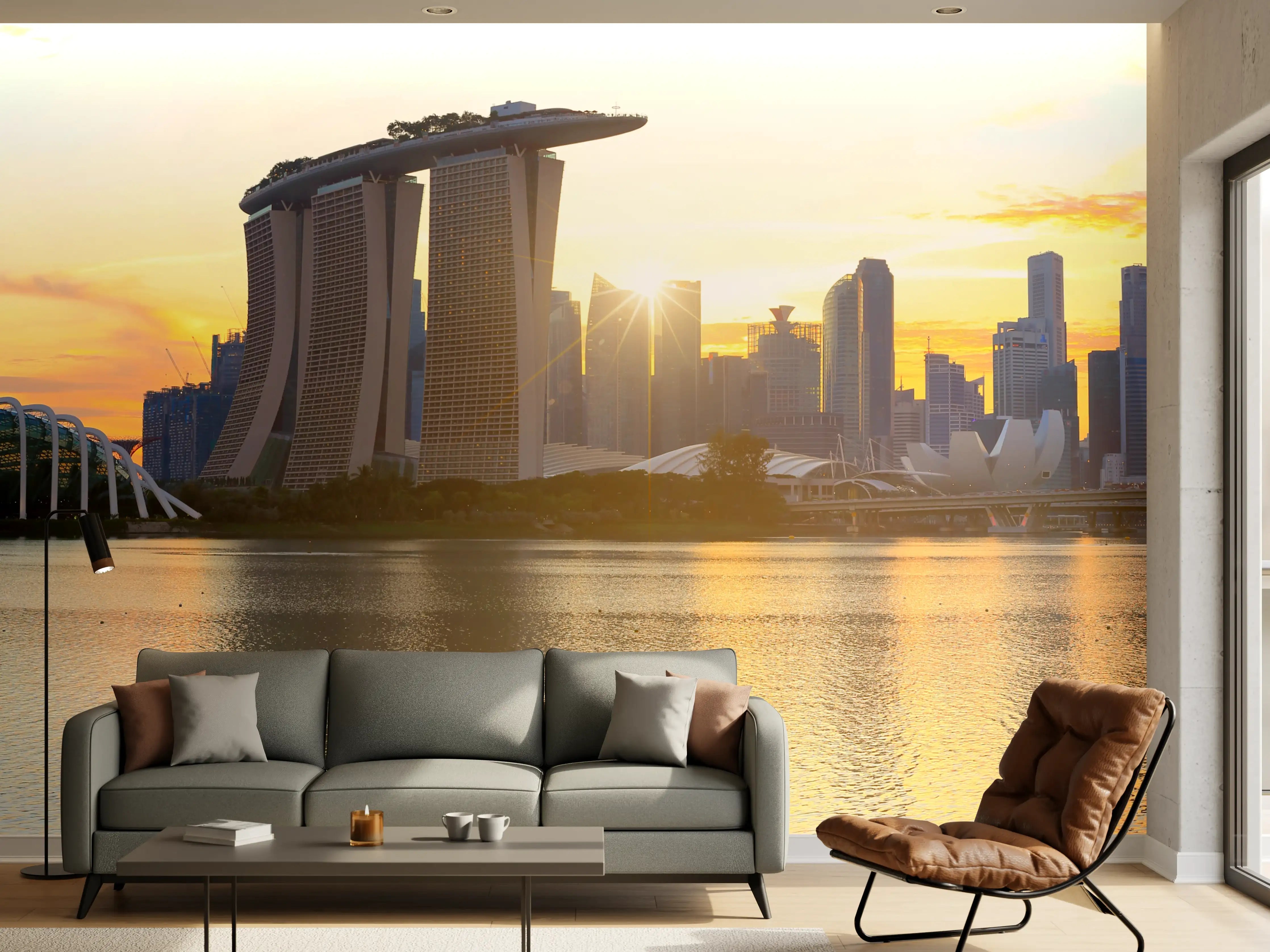 Wandverkleidung Wohnzimmer - Skyline von Singapur bei Sonnenuntergang
