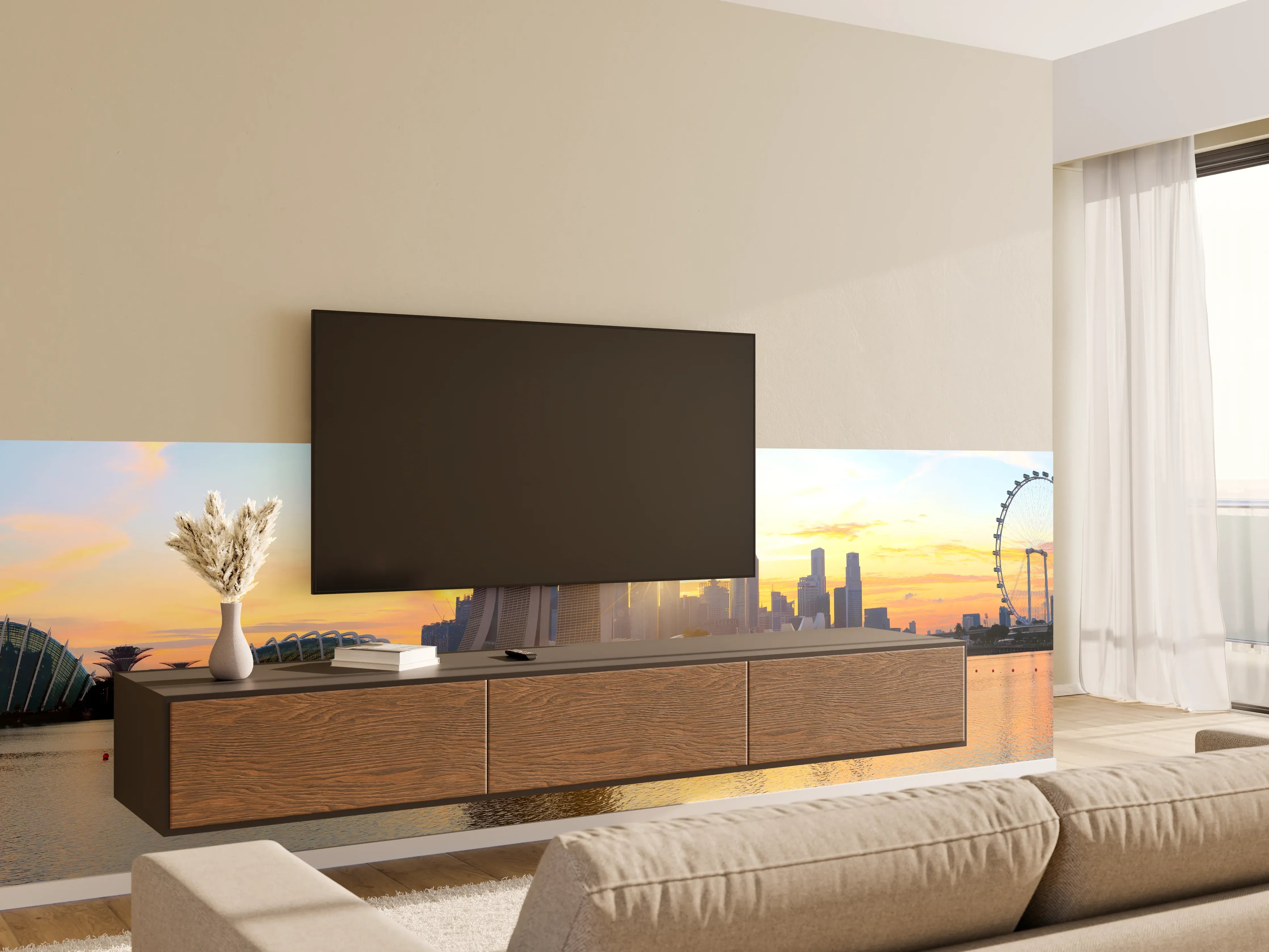 Wandverkleidung Wohnzimmer - Skyline von Singapur bei Sonnenuntergang