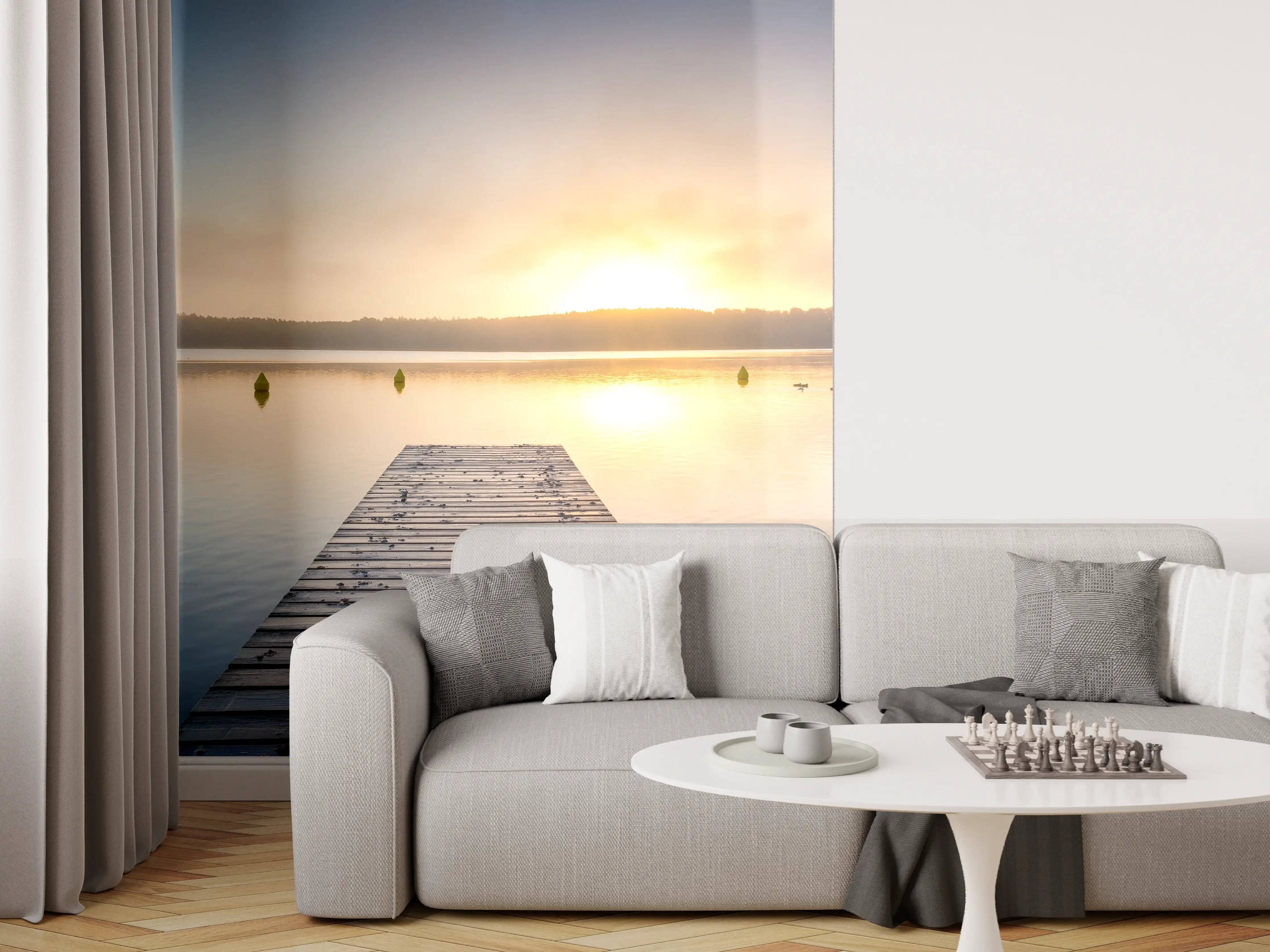Wandverkleidung Wohnzimmer - Sonnenaufgang am See mit Nebel