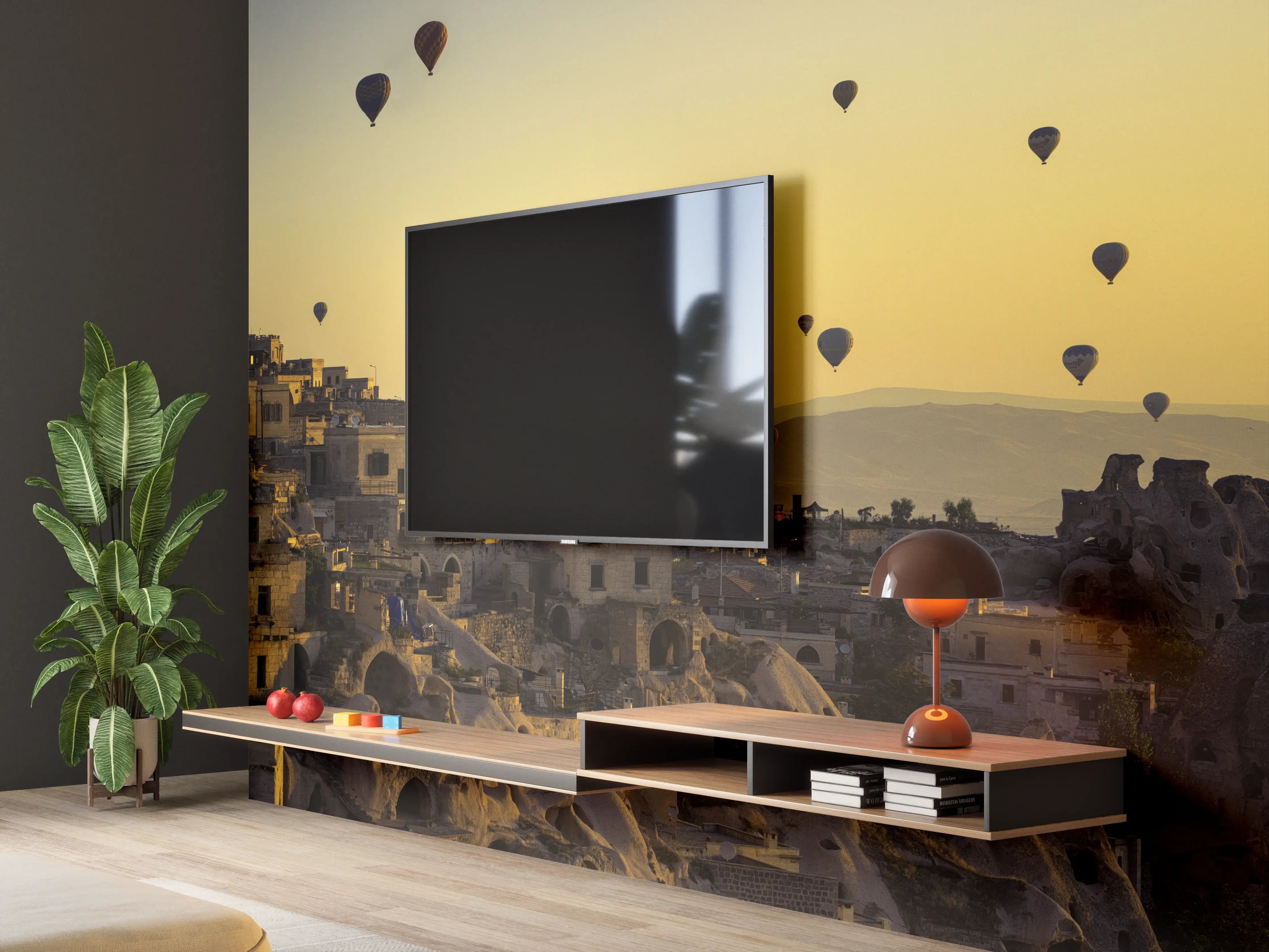 Wandverkleidung Wohnzimmer - Sonnenaufgang über Cappadocia mit Heißluftballons
