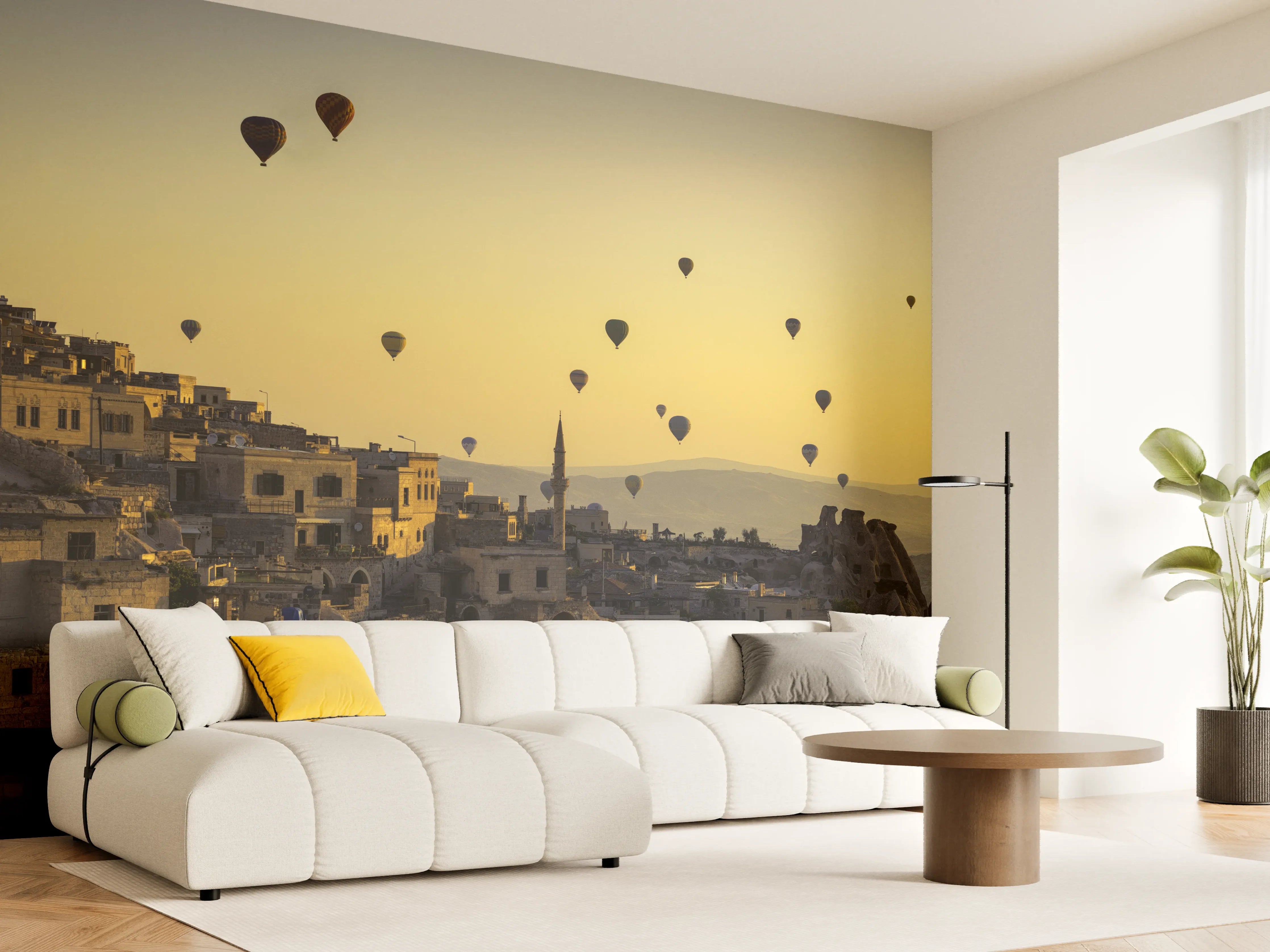 Wandverkleidung Wohnzimmer - Sonnenaufgang über Cappadocia mit Heißluftballons