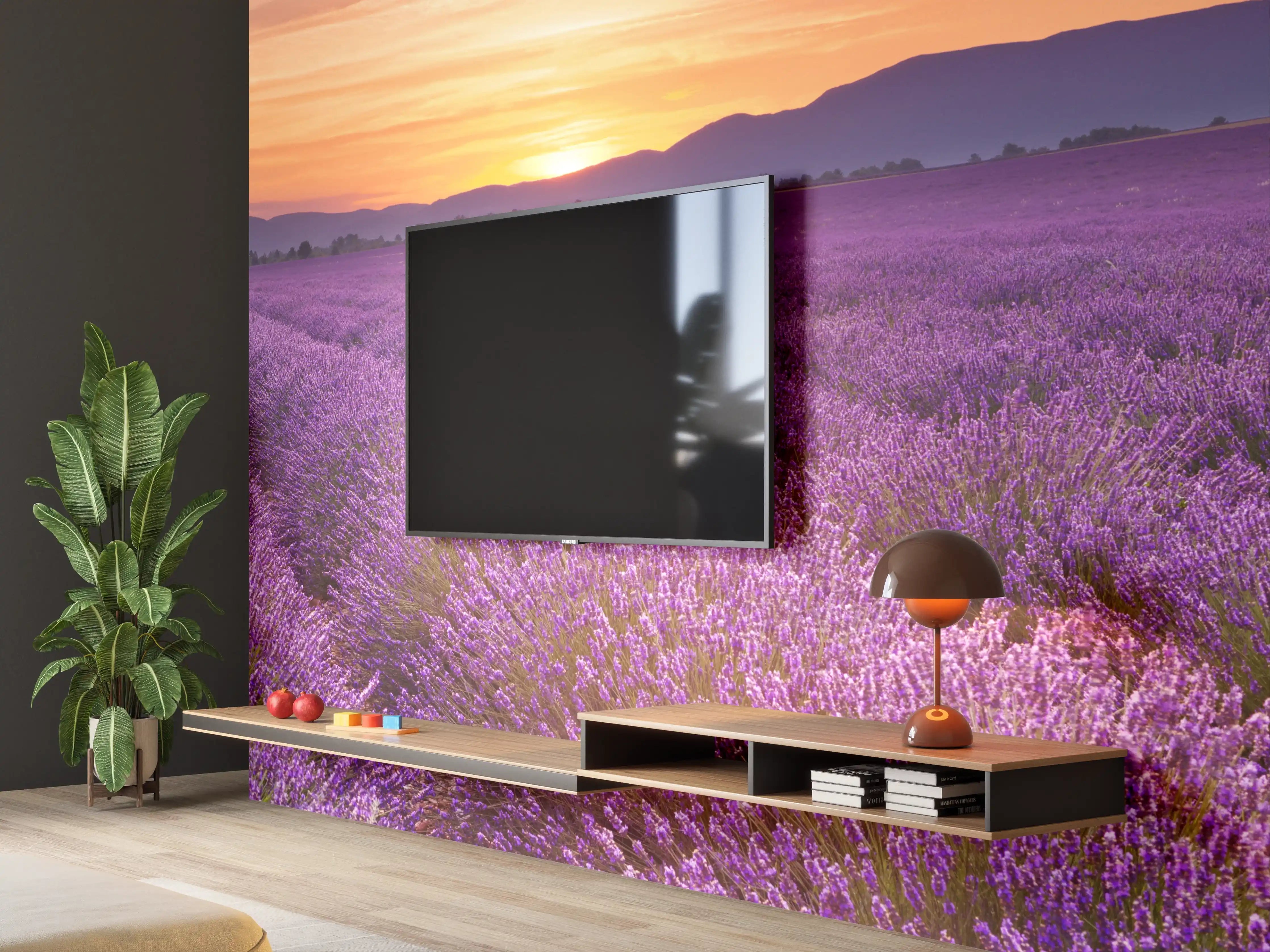 Wandverkleidung Wohnzimmer - Sonnenaufgang über Lavendelfelder - Provence