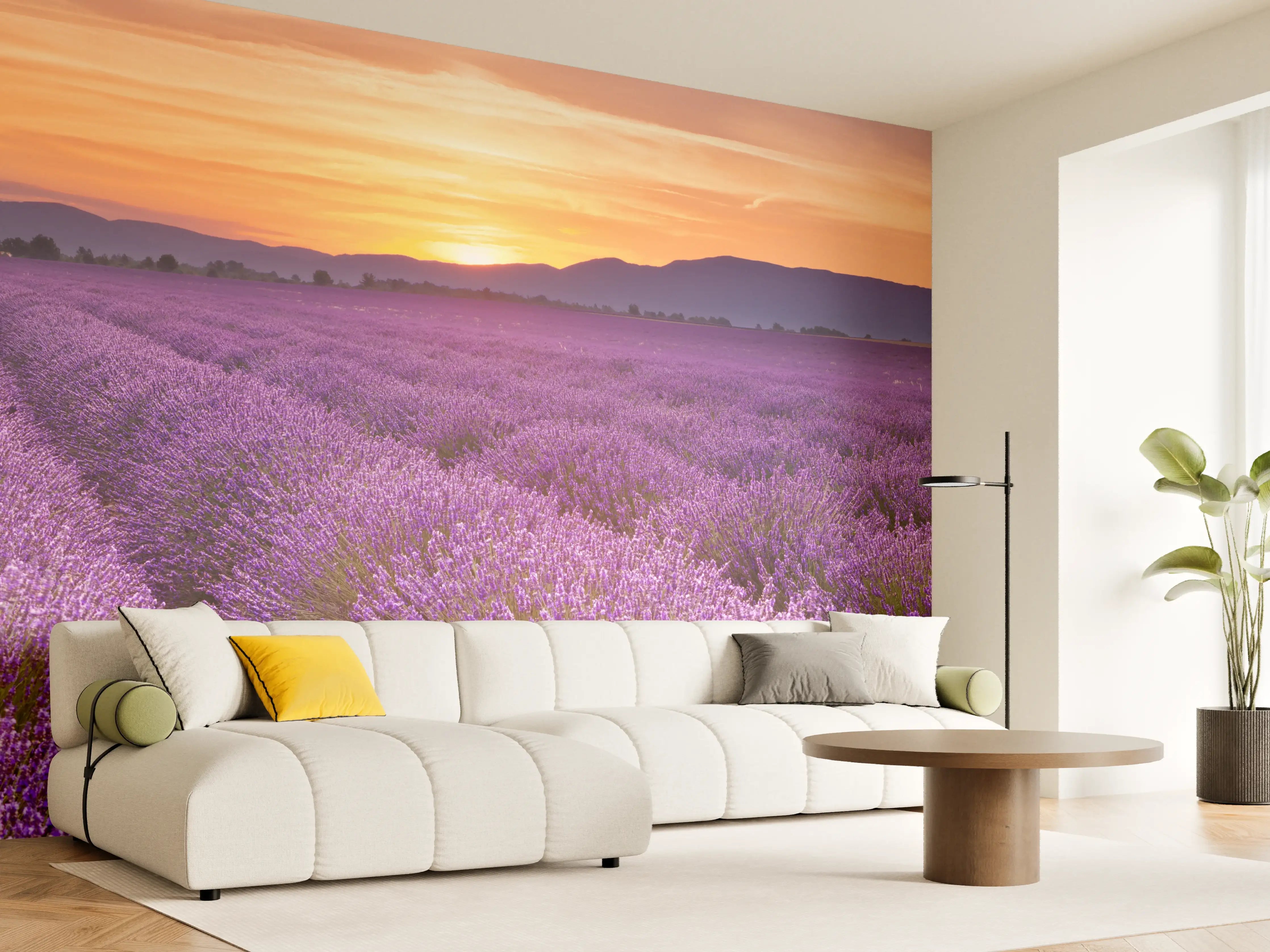 Wandverkleidung Wohnzimmer - Sonnenaufgang über Lavendelfelder - Provence