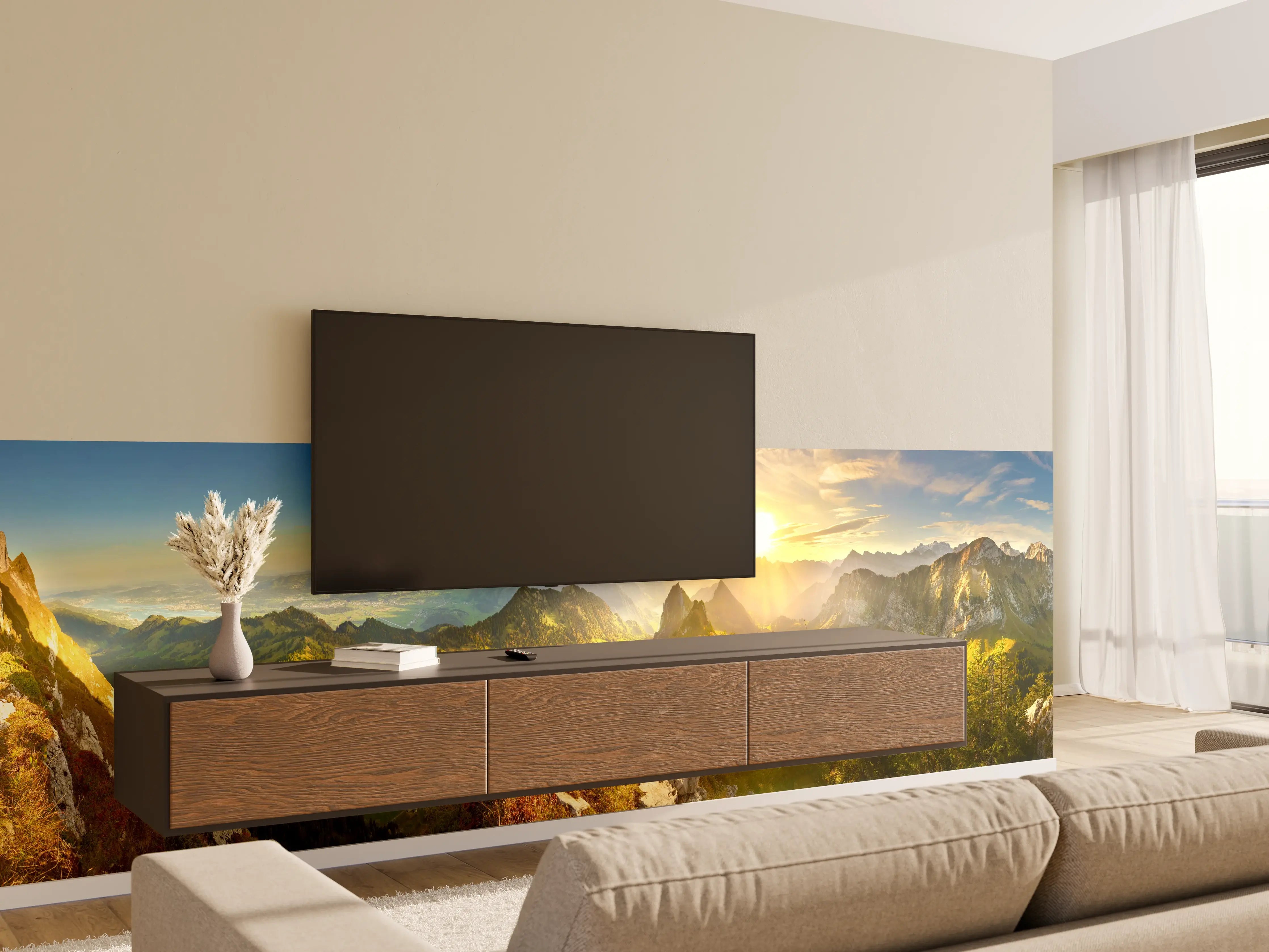 Wandverkleidung Wohnzimmer - Sonnenaufgang über Schweizer Tal