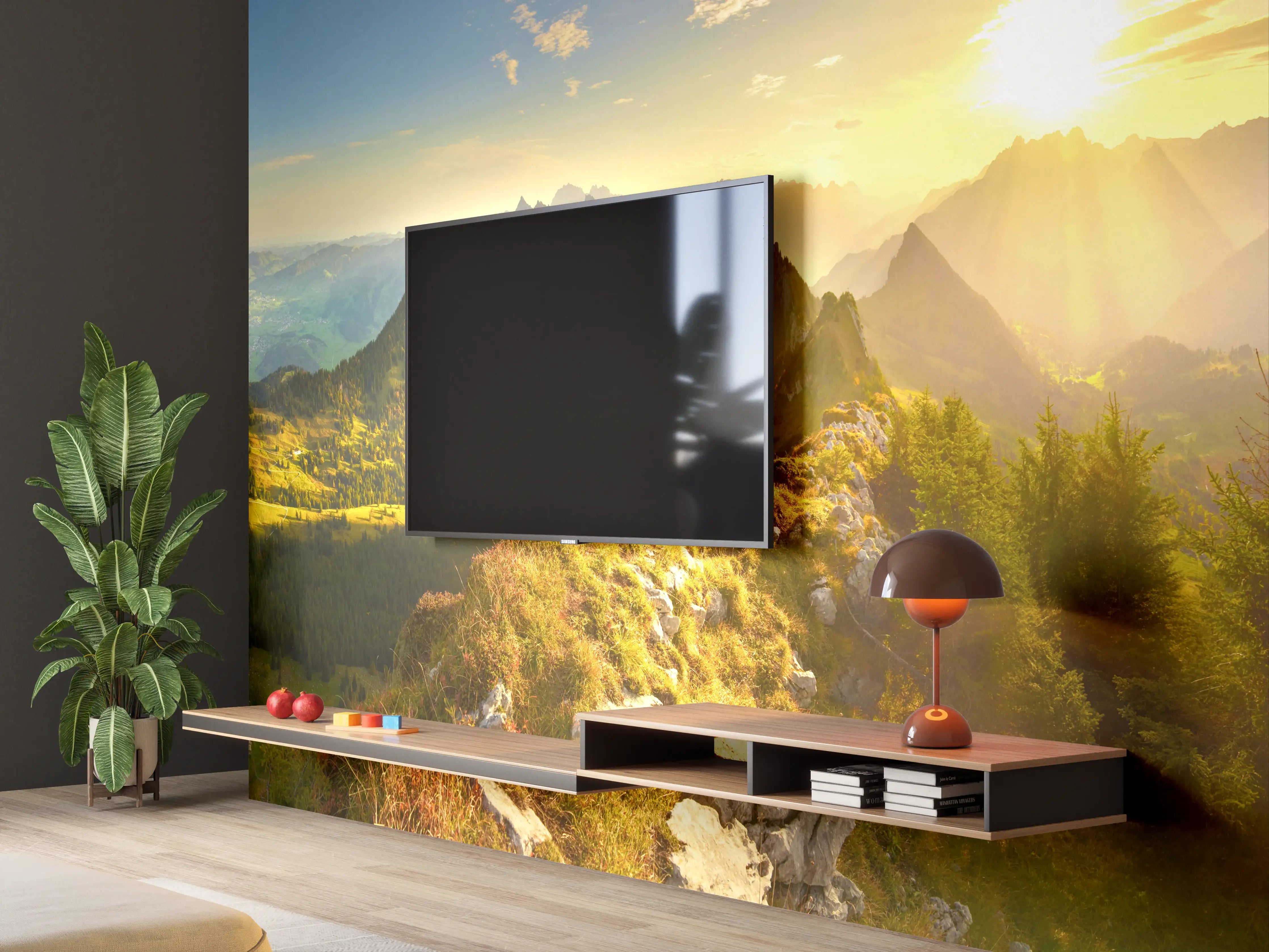 Wandverkleidung Wohnzimmer - Sonnenaufgang über Schweizer Tal