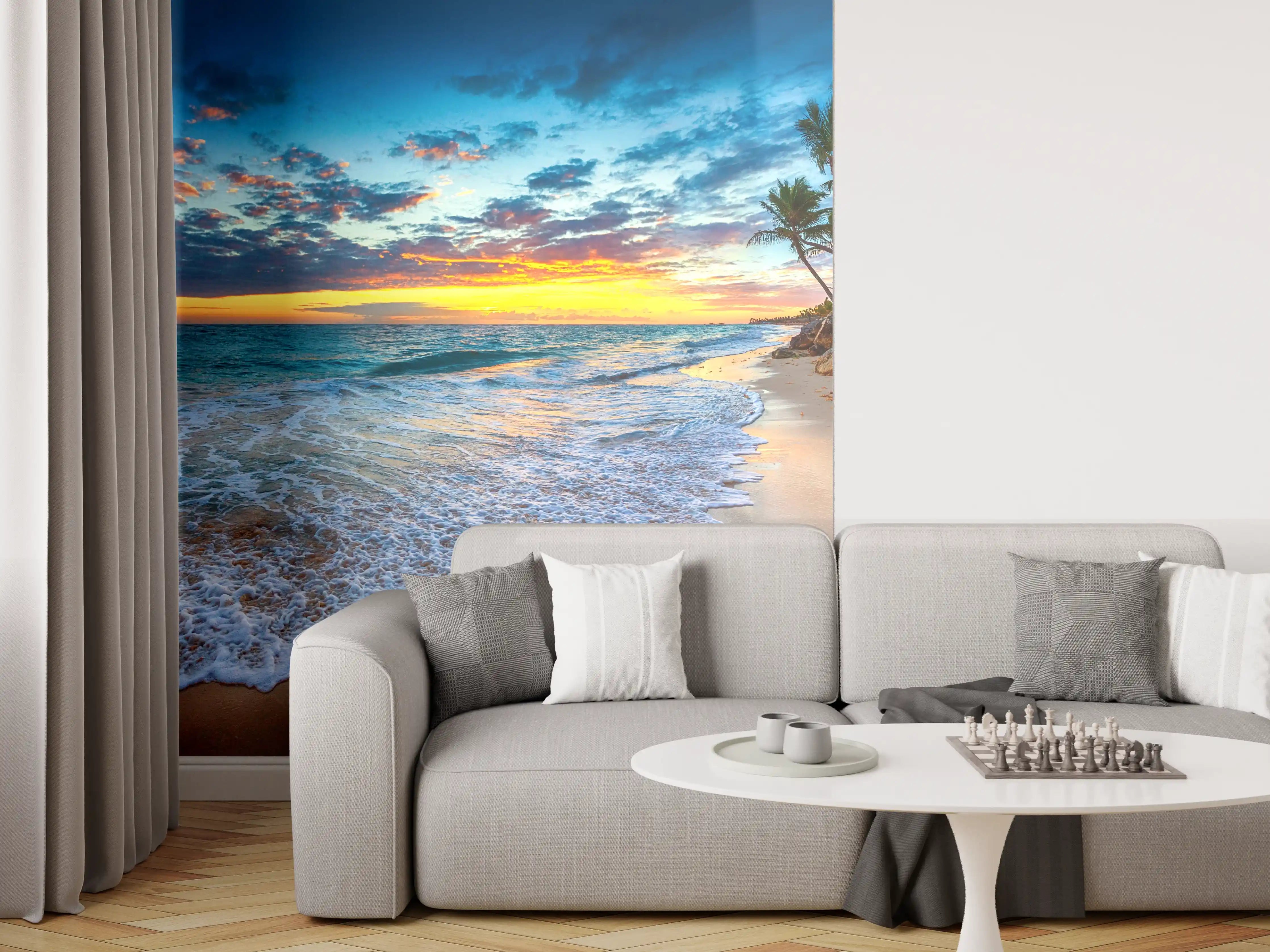 Wandverkleidung Wohnzimmer - Sonnenaufgang über dem Strand