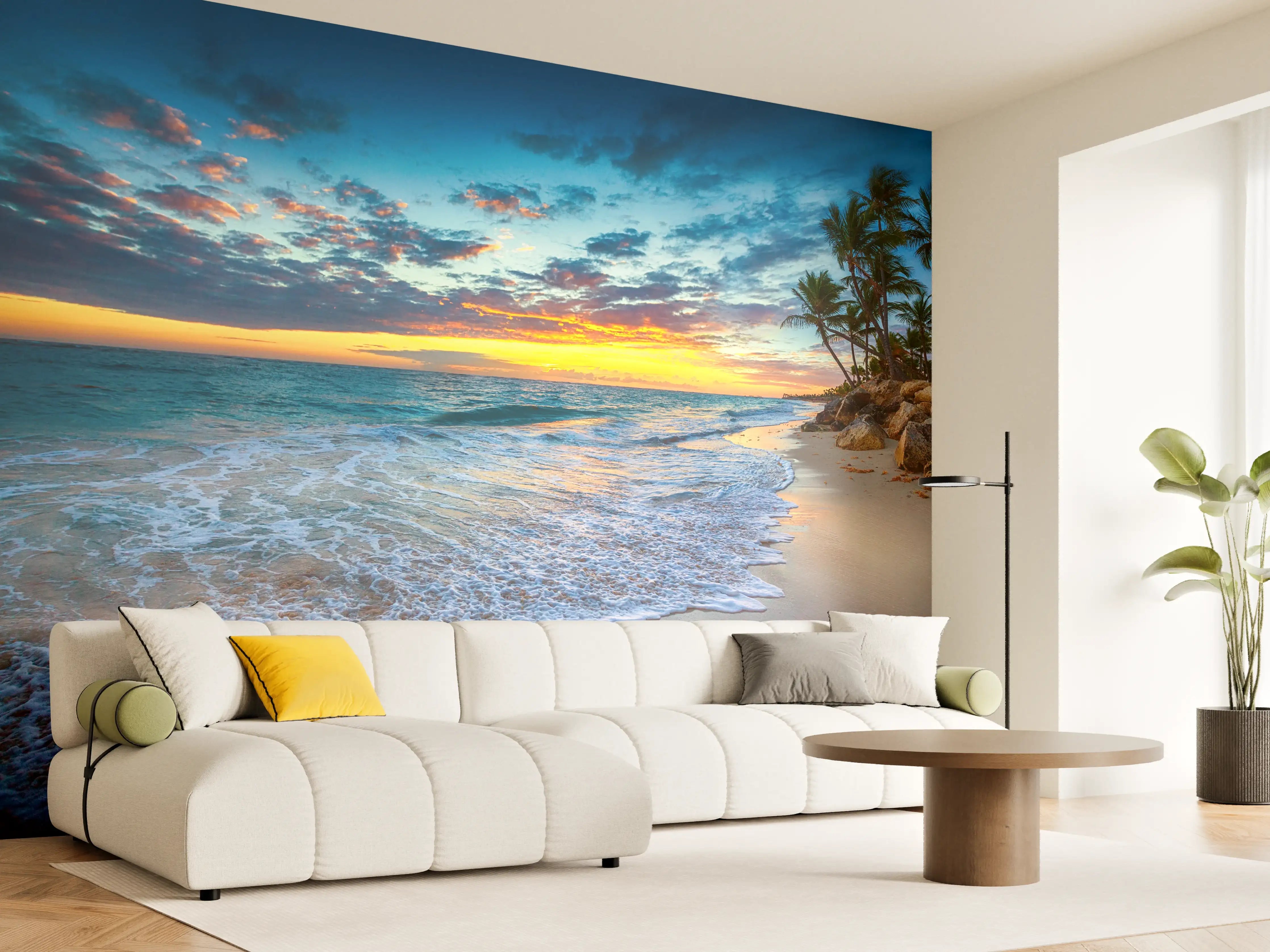 Wandverkleidung Wohnzimmer - Sonnenaufgang über dem Strand