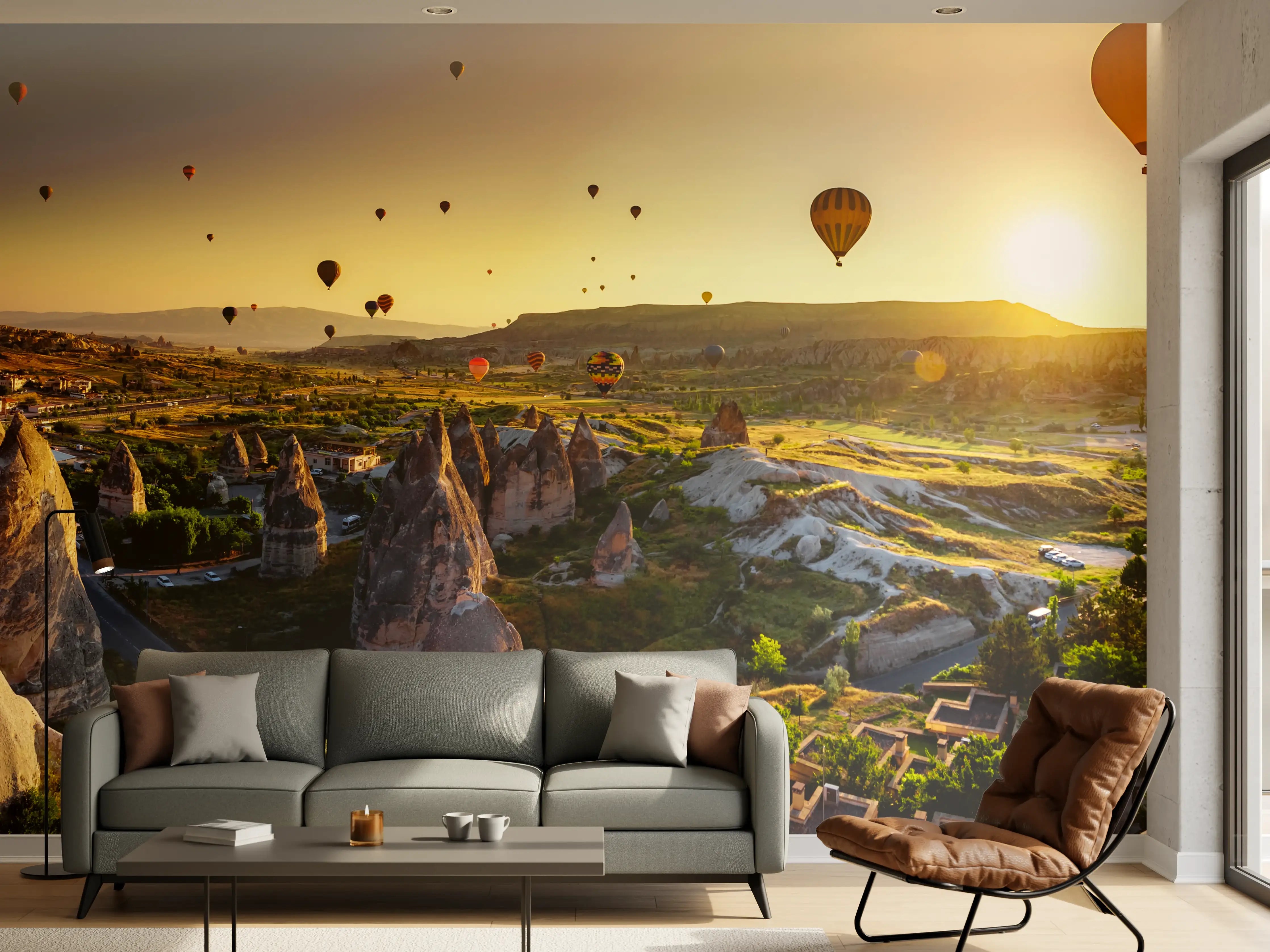 Wandverkleidung Wohnzimmer - Sonnenaufgang über der Landschaft mit Heißluftballons