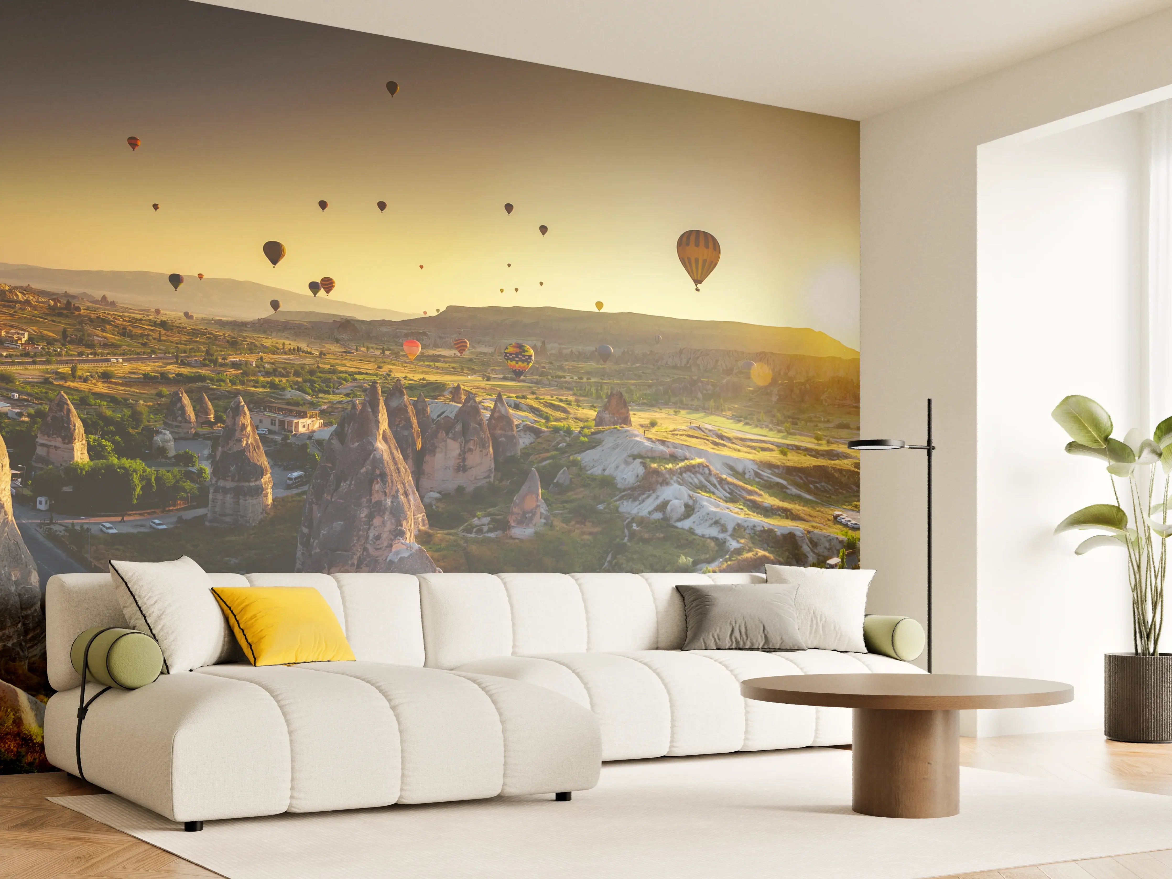 Wandverkleidung Wohnzimmer - Sonnenaufgang über der Landschaft mit Heißluftballons