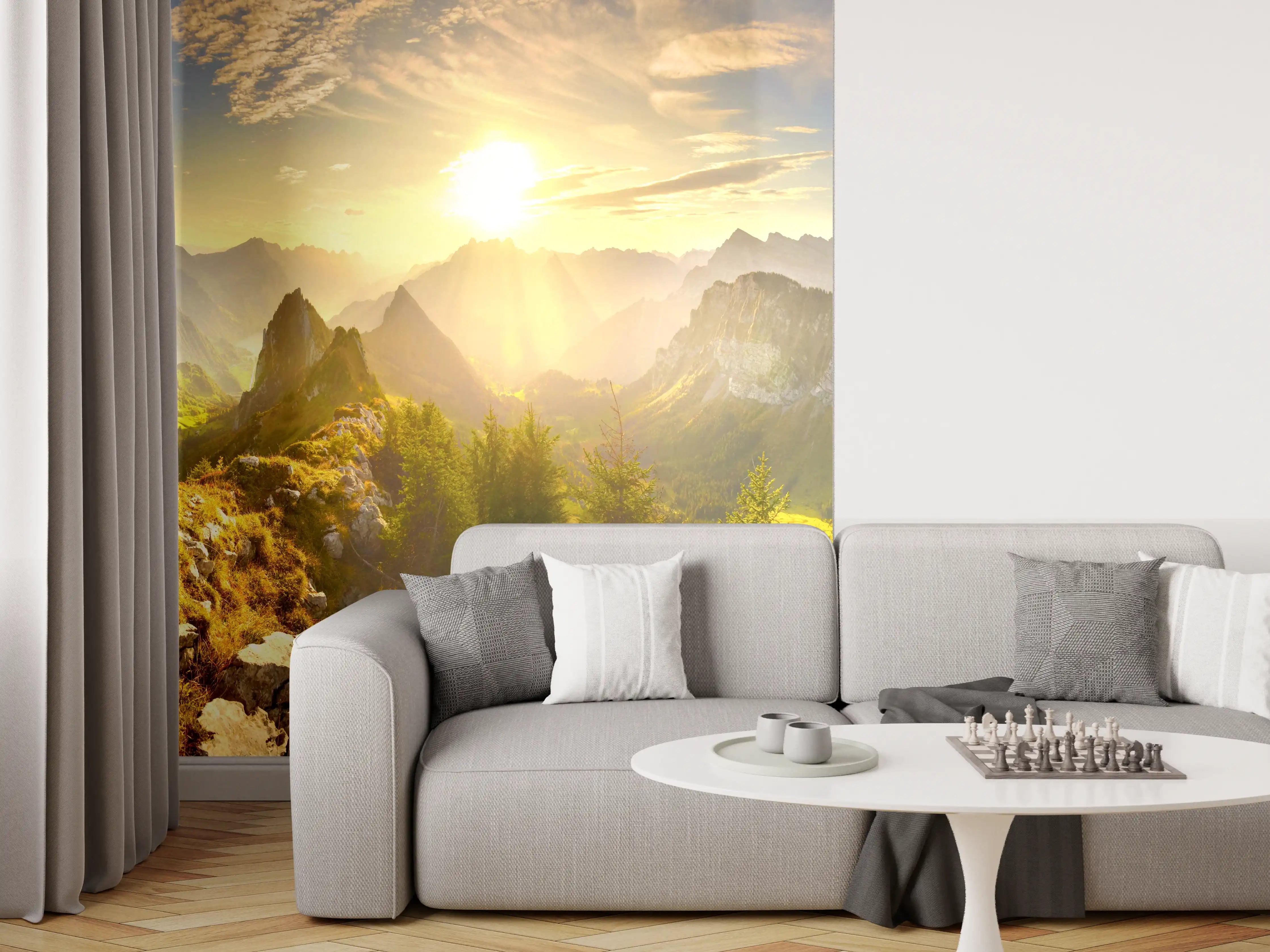 Wandverkleidung Wohnzimmer - Sonnenaugang über Schweizer Alpen
