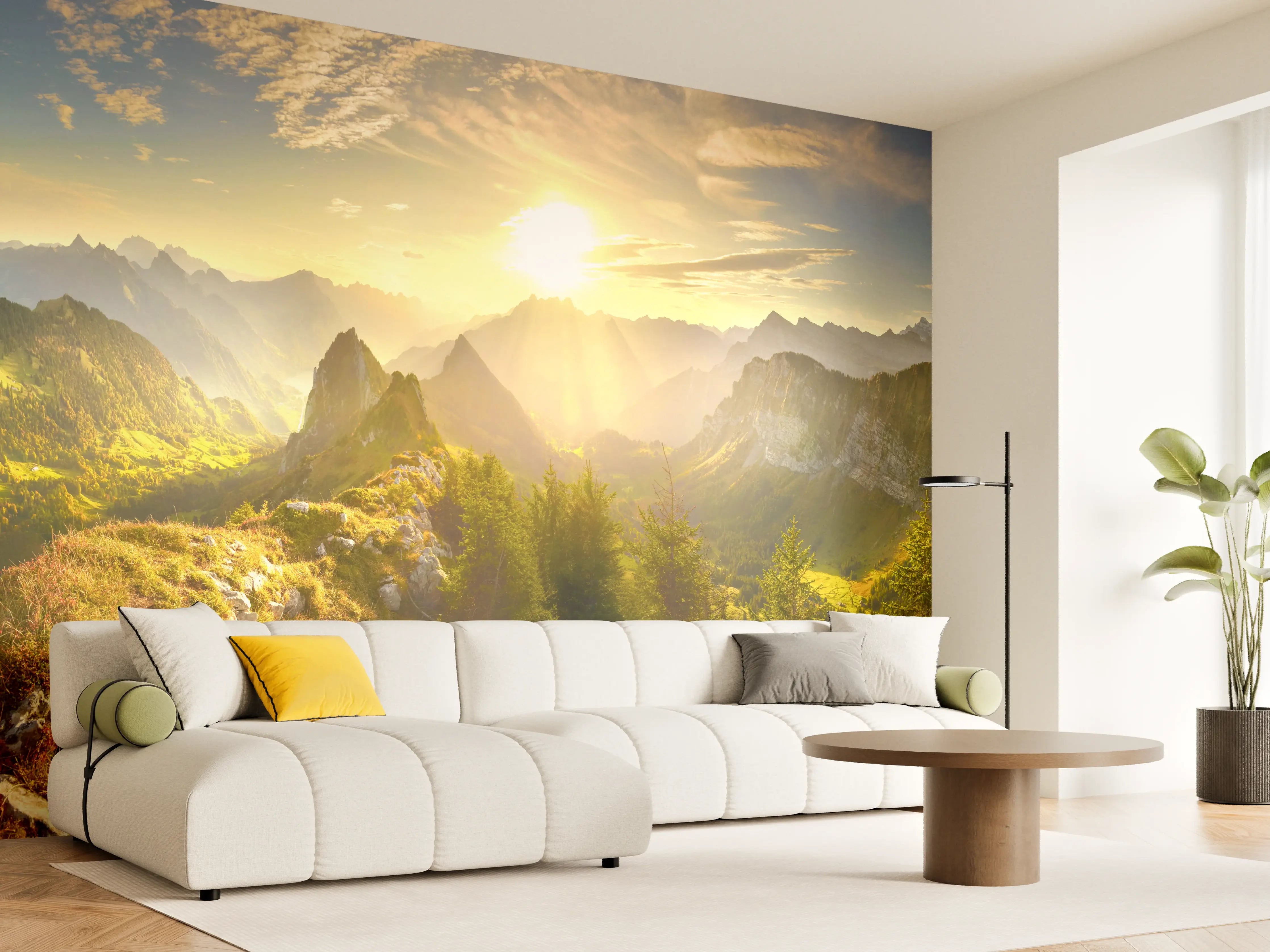 Wandverkleidung Wohnzimmer - Sonnenaugang über Schweizer Alpen